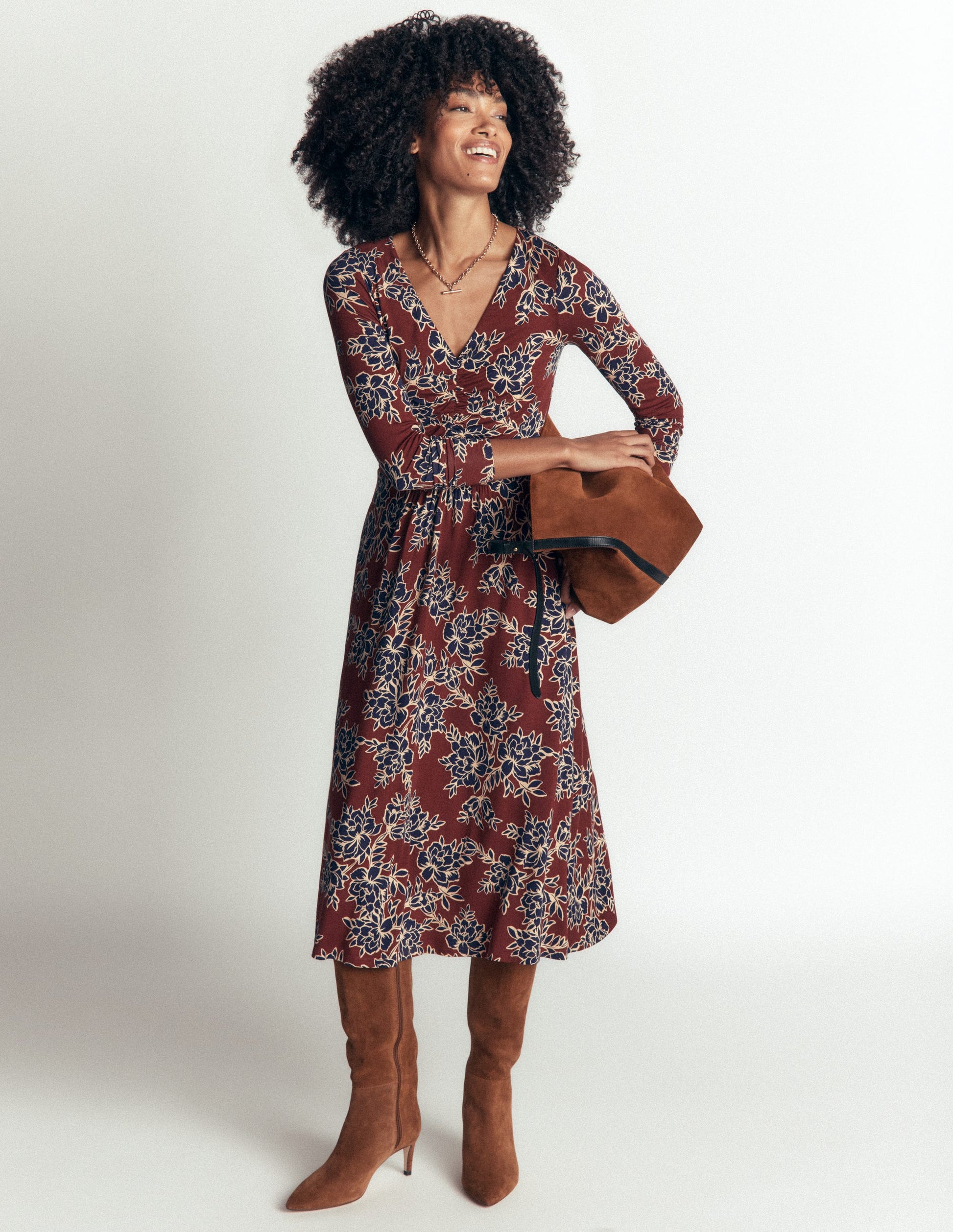 Jasmine Ruched Jersey Dress-Roasted Brown, Enchanted Peony-5