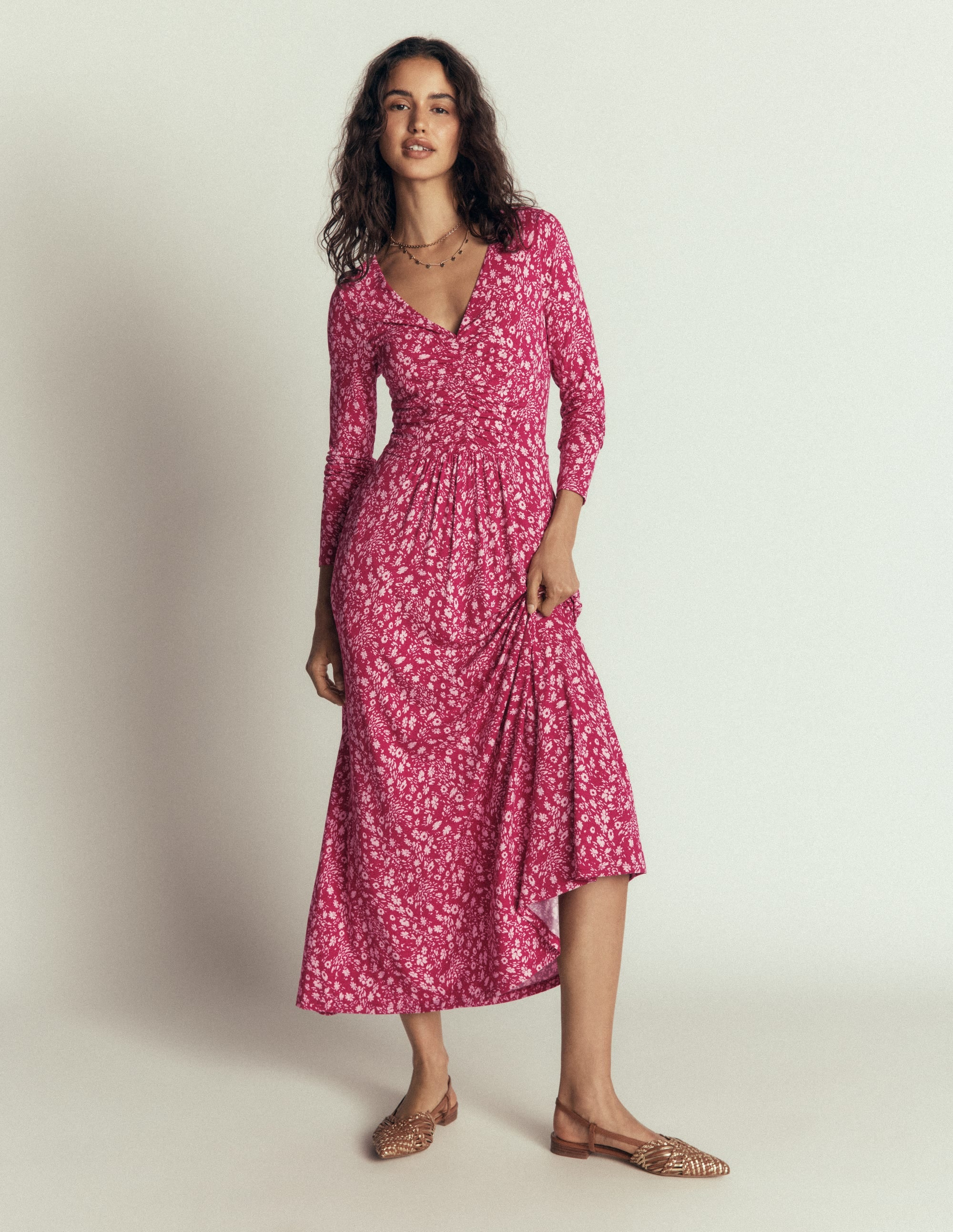 Jasmine Ruched Jersey Dress-Sweet Cherry, Scattered Flora - Image 1