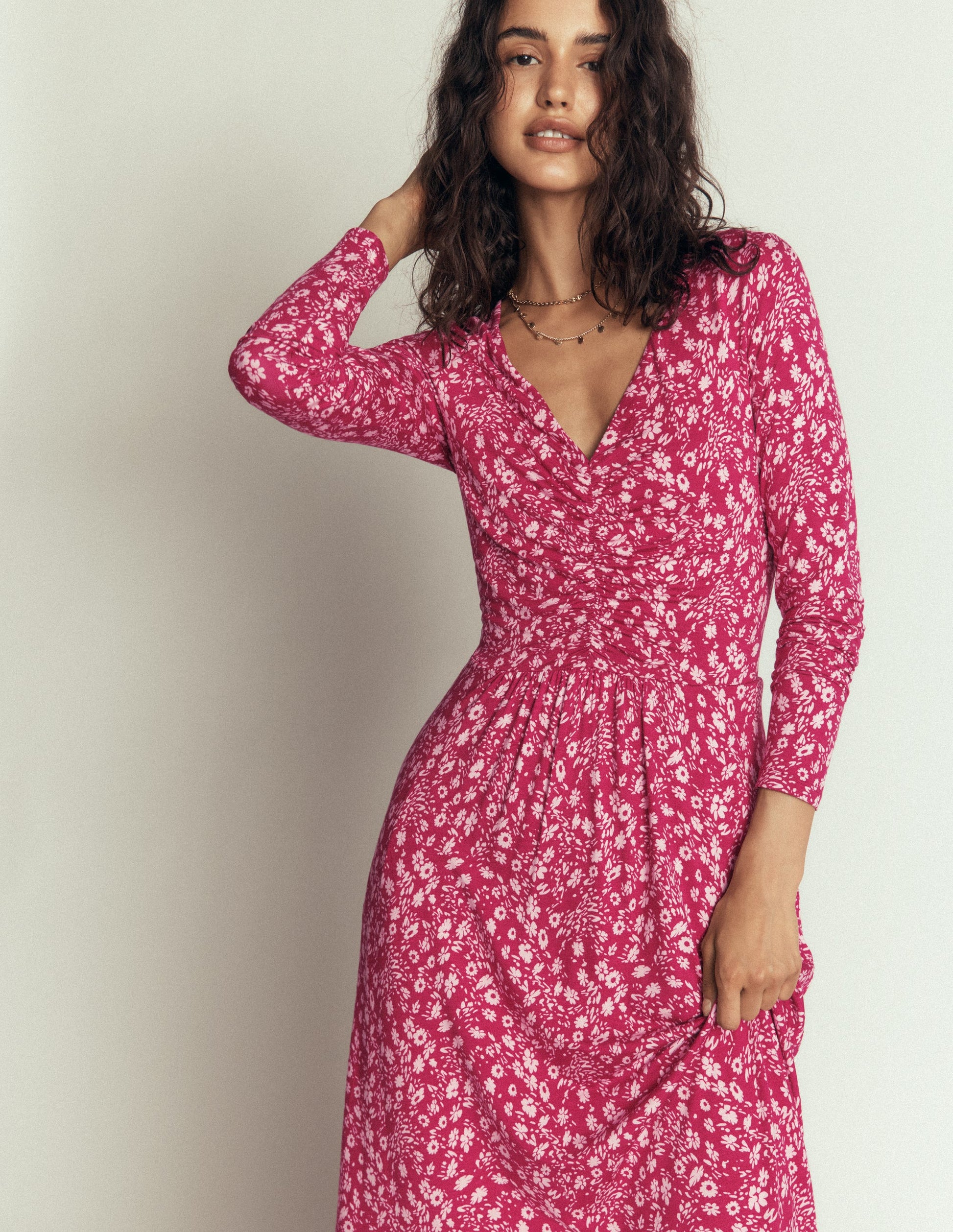 Jasmine Ruched Jersey Dress-Sweet Cherry, Scattered Flora-4