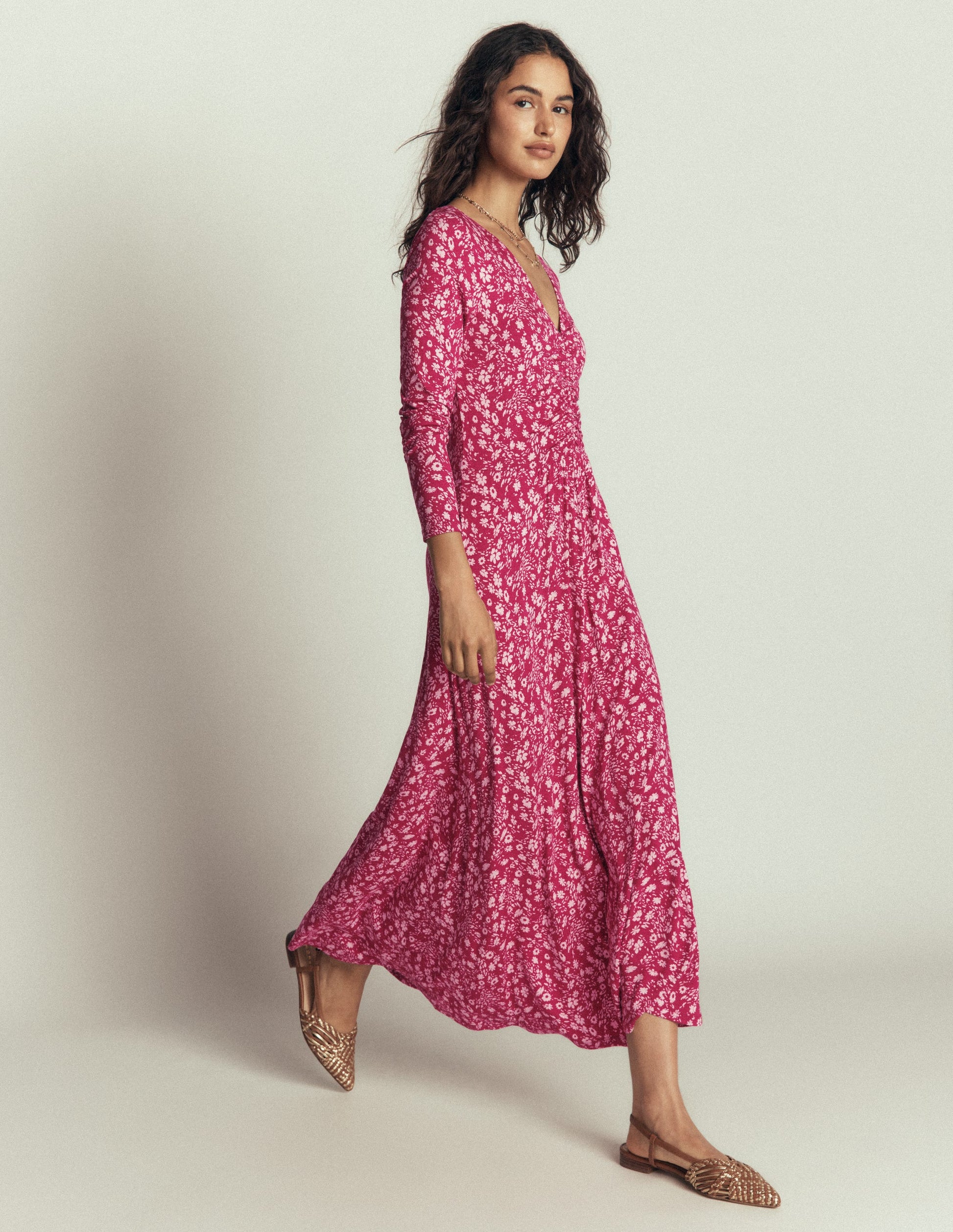 Jasmine Ruched Jersey Dress-Sweet Cherry, Scattered Flora-5