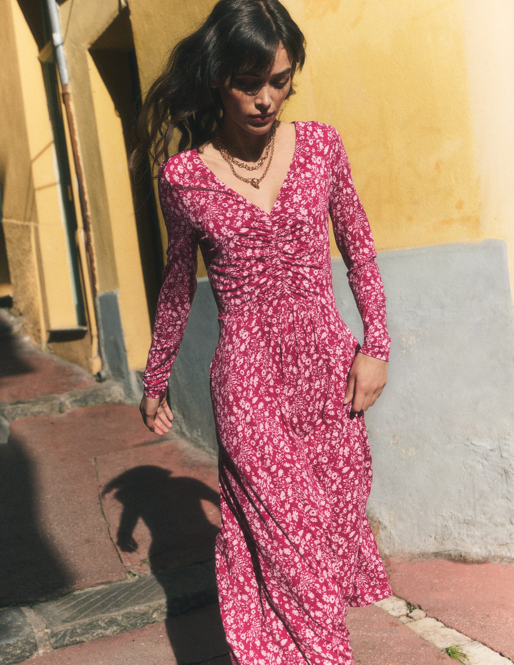 Jasmine Ruched Jersey Dress-Sweet Cherry, Scattered Flora-6