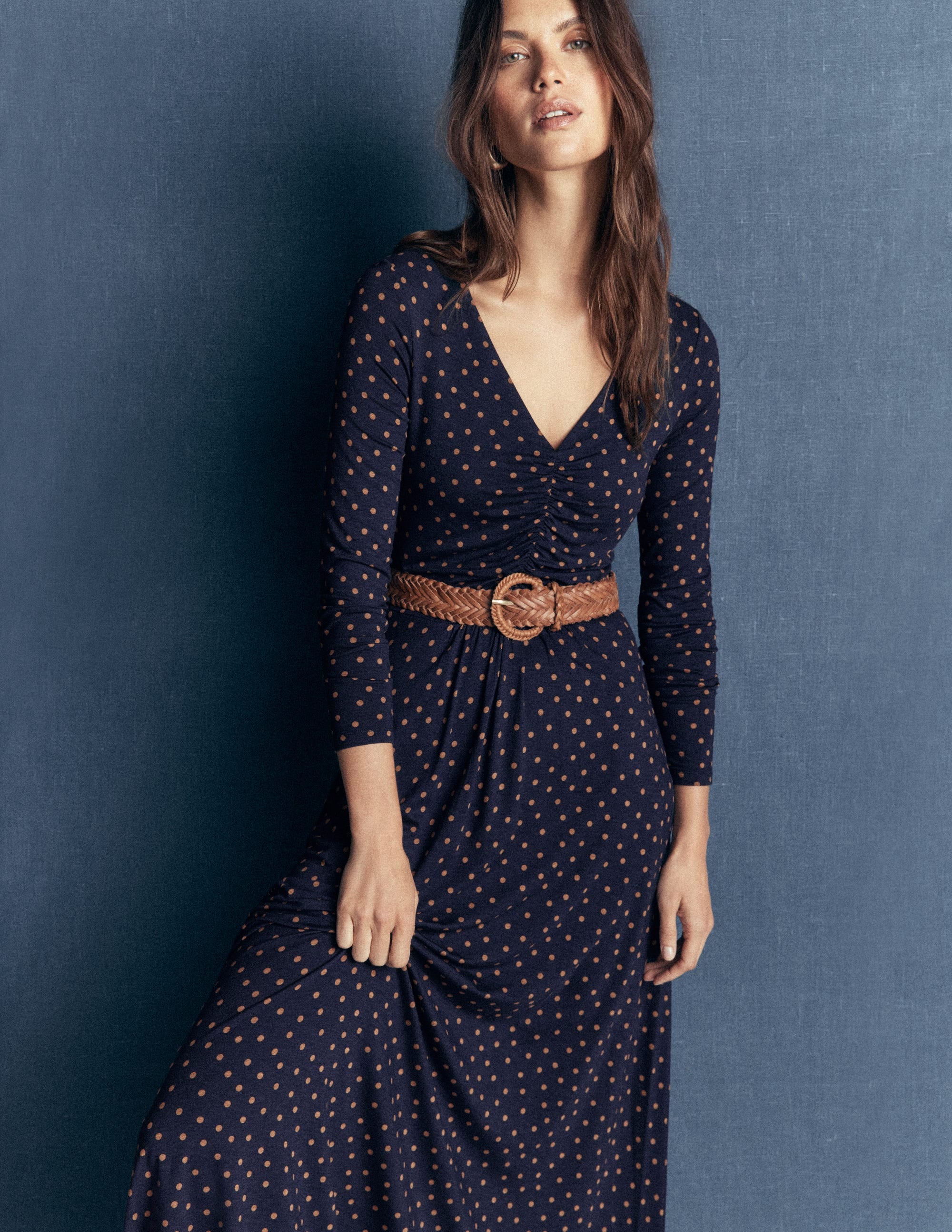 Jasmine Ruched Jersey Dress-French Navy, Painted Dot Space - Image 1