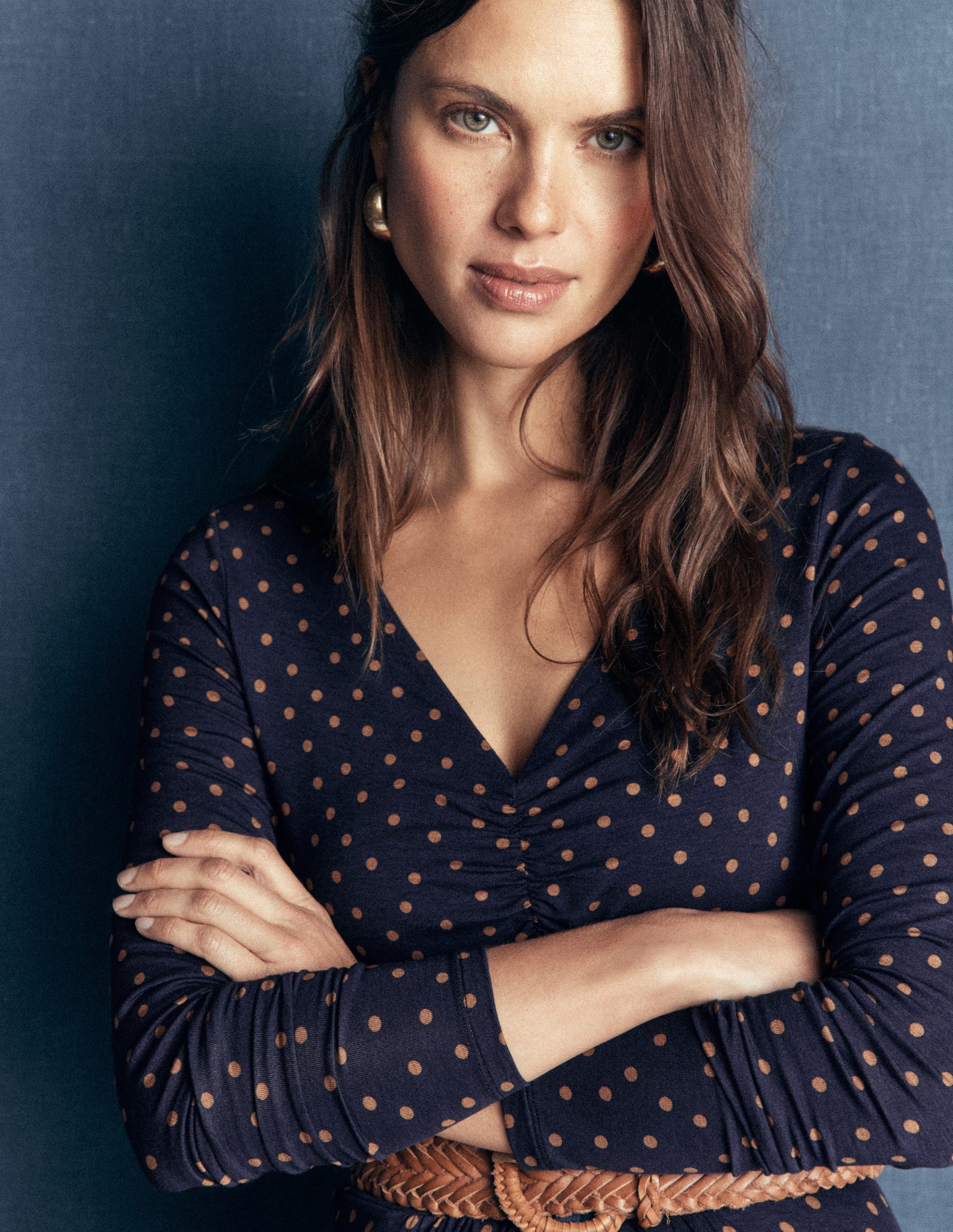 Jasmine Ruched Jersey Dress-French Navy, Painted Dot Space-5