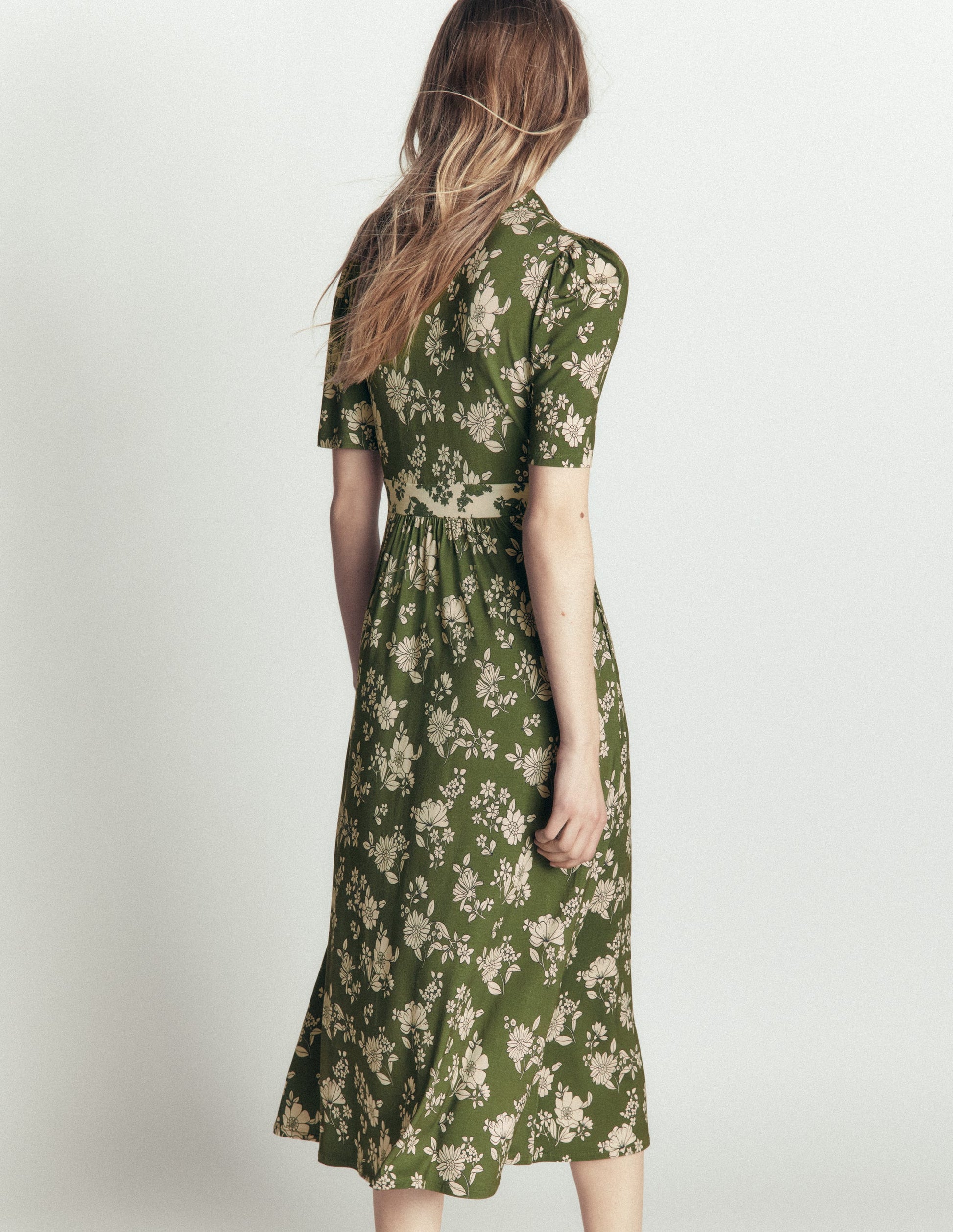 Heidi Jersey Midi Tea Dress-Olive, Floral Field Spaced-3