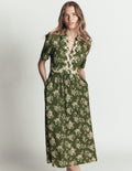 Heidi Jersey Midi Tea Dress-Olive, Floral Field Spaced
