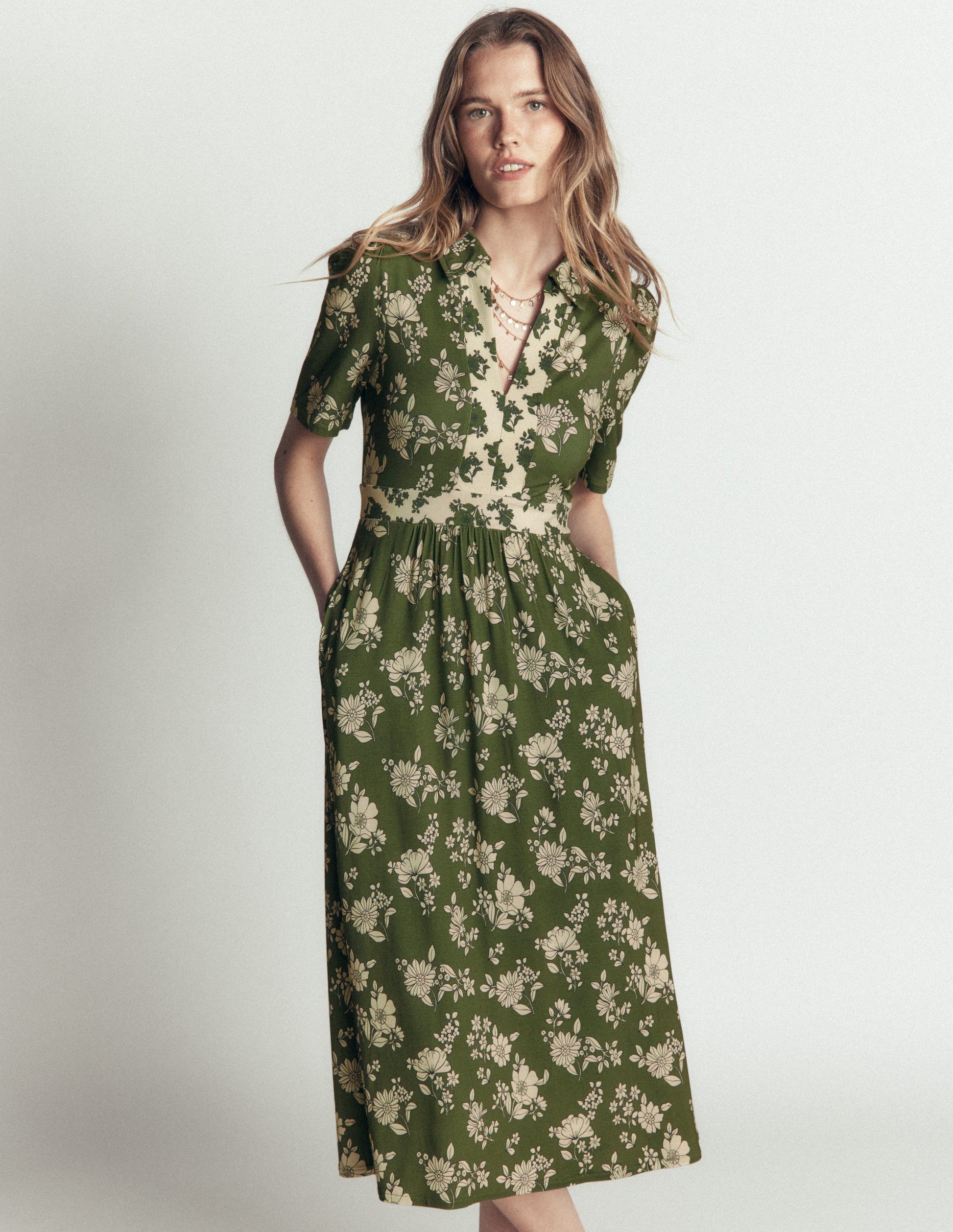 Heidi Jersey Midi Tea Dress-Olive, Floral Field Spaced-4
