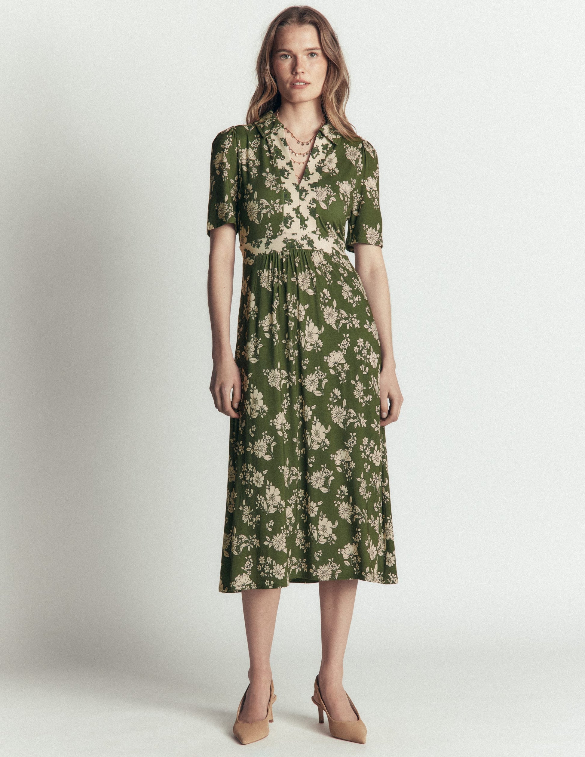 Heidi Jersey Midi Tea Dress-Olive, Floral Field Spaced-6