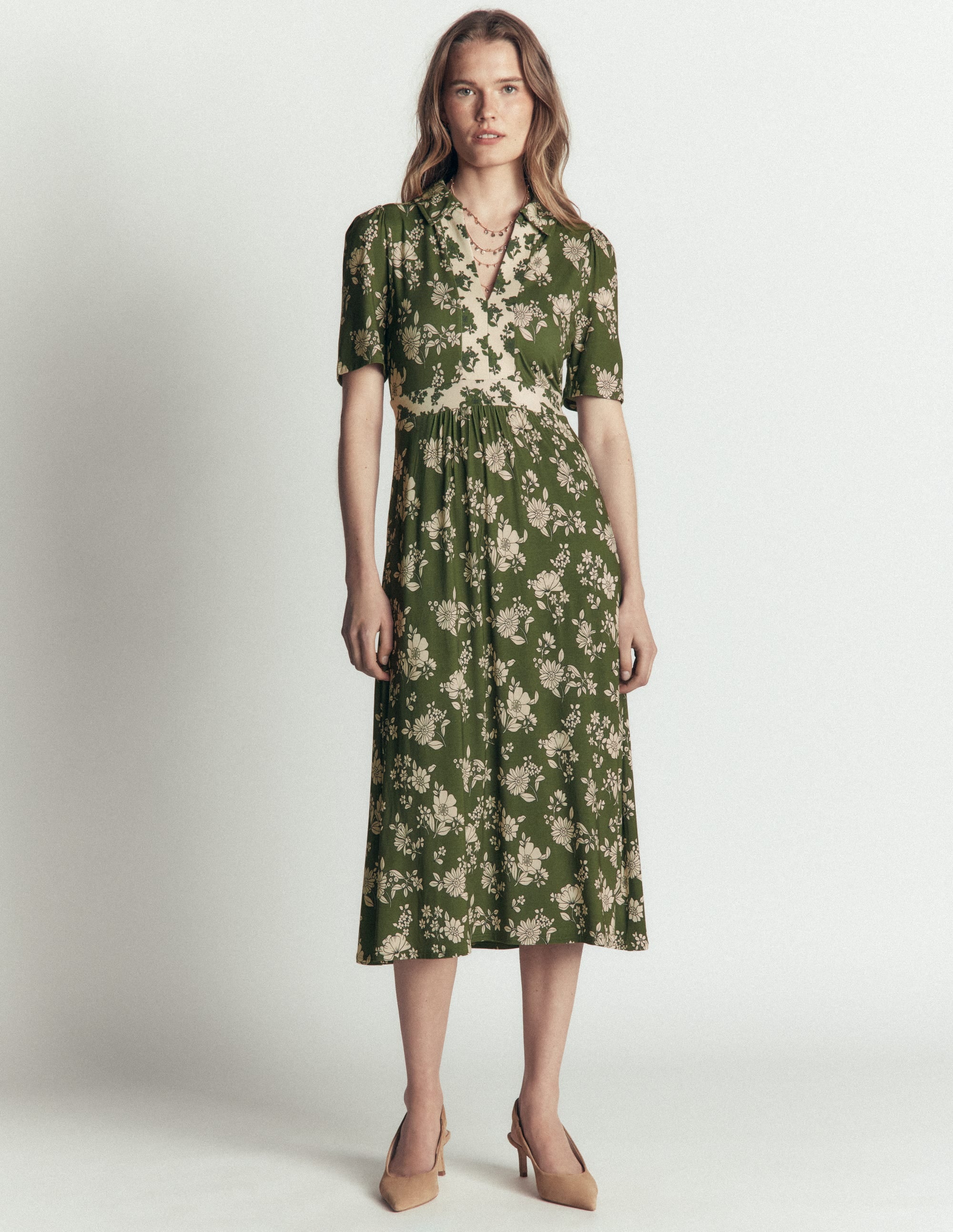 Heidi Jersey Midi Tea Dress-Olive, Floral Field Spaced - Image 6
