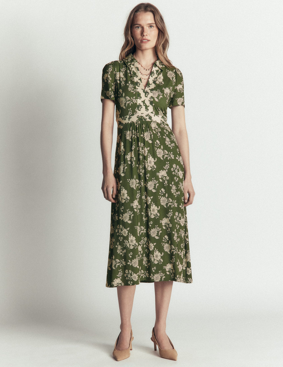 Heidi Jersey Midi Tea Dress-Olive, Floral Field Spaced - Image 5