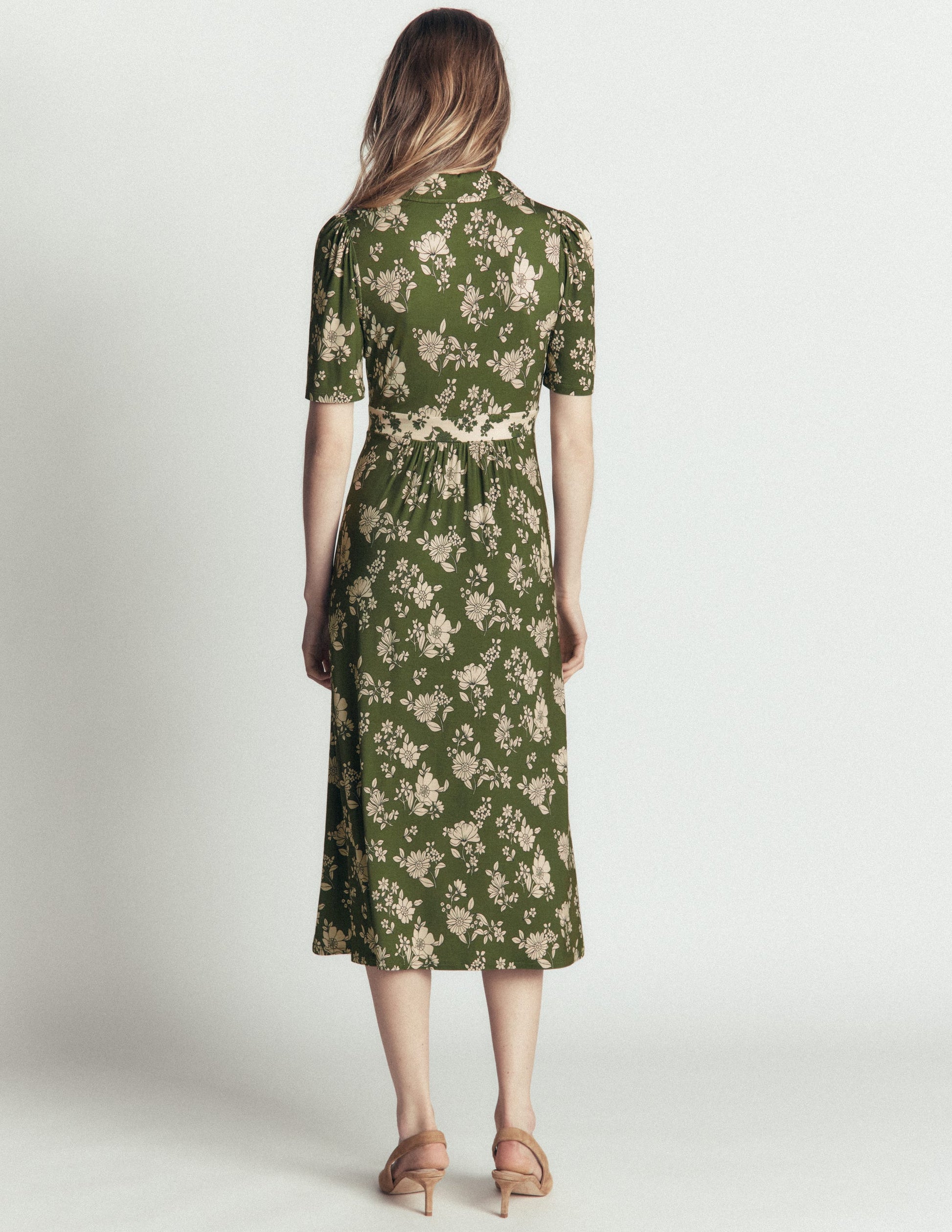 Heidi Jersey Midi Tea Dress-Olive, Floral Field Spaced-7