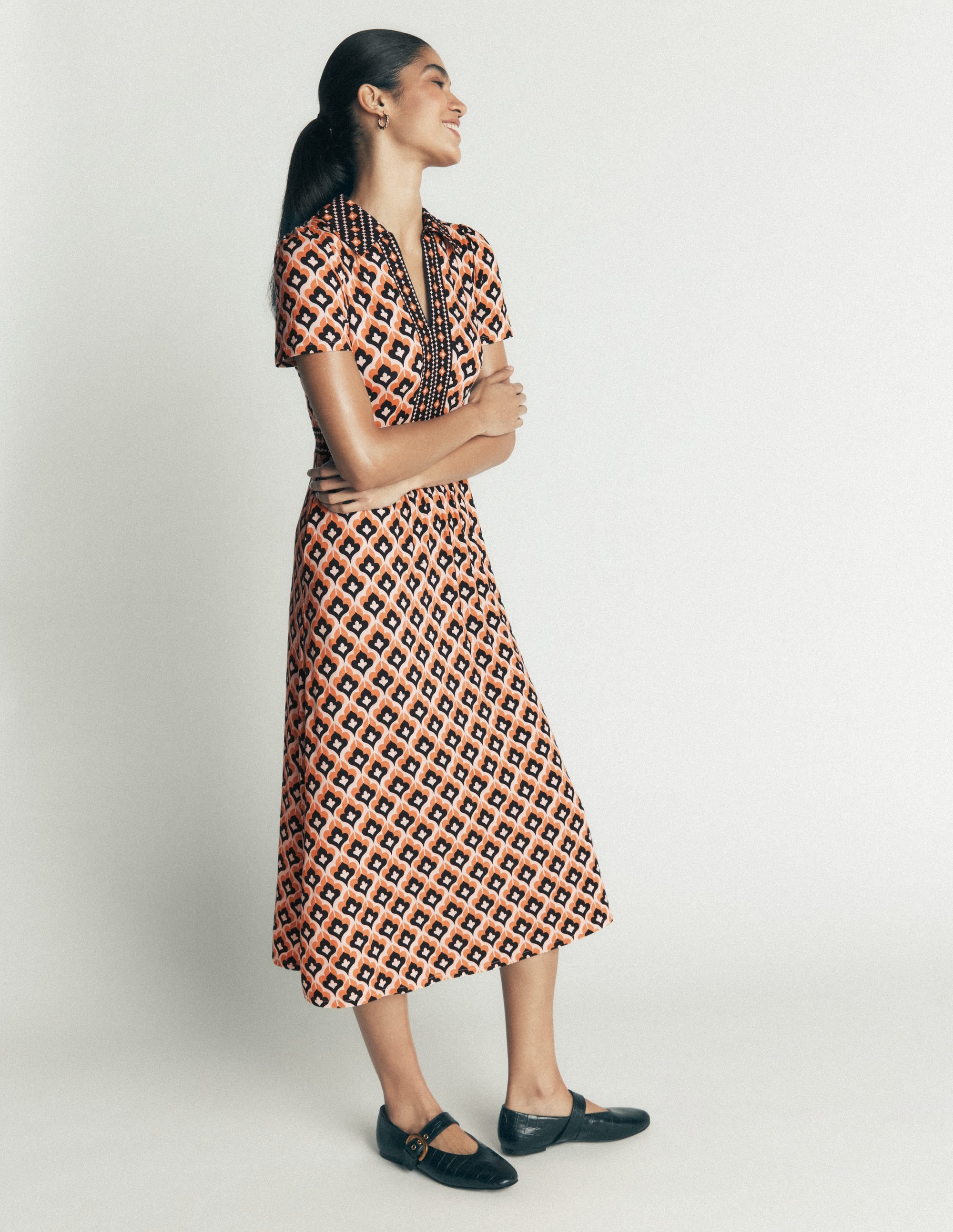 Heidi Jersey Midi Tea Dress-Almond Milk, Geo - Image 1