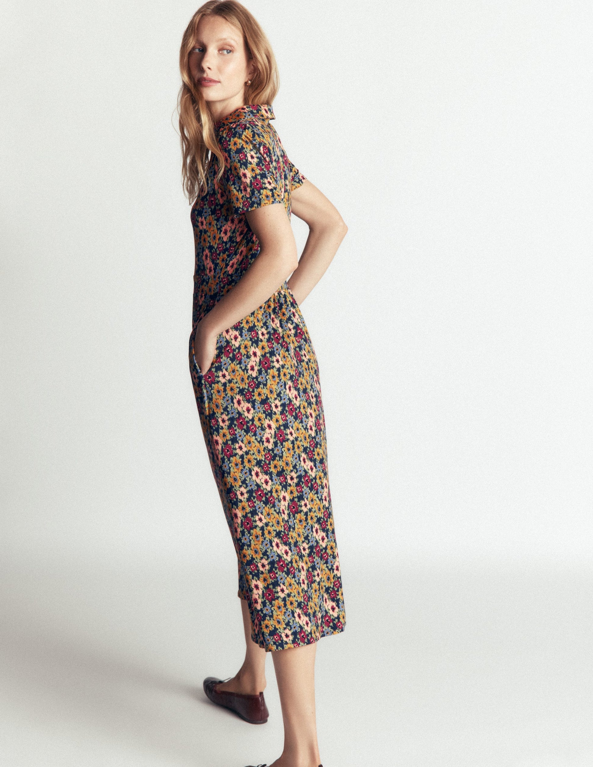 Heidi Jersey Midi Tea Dress-French Navy, Flecked Garden-3