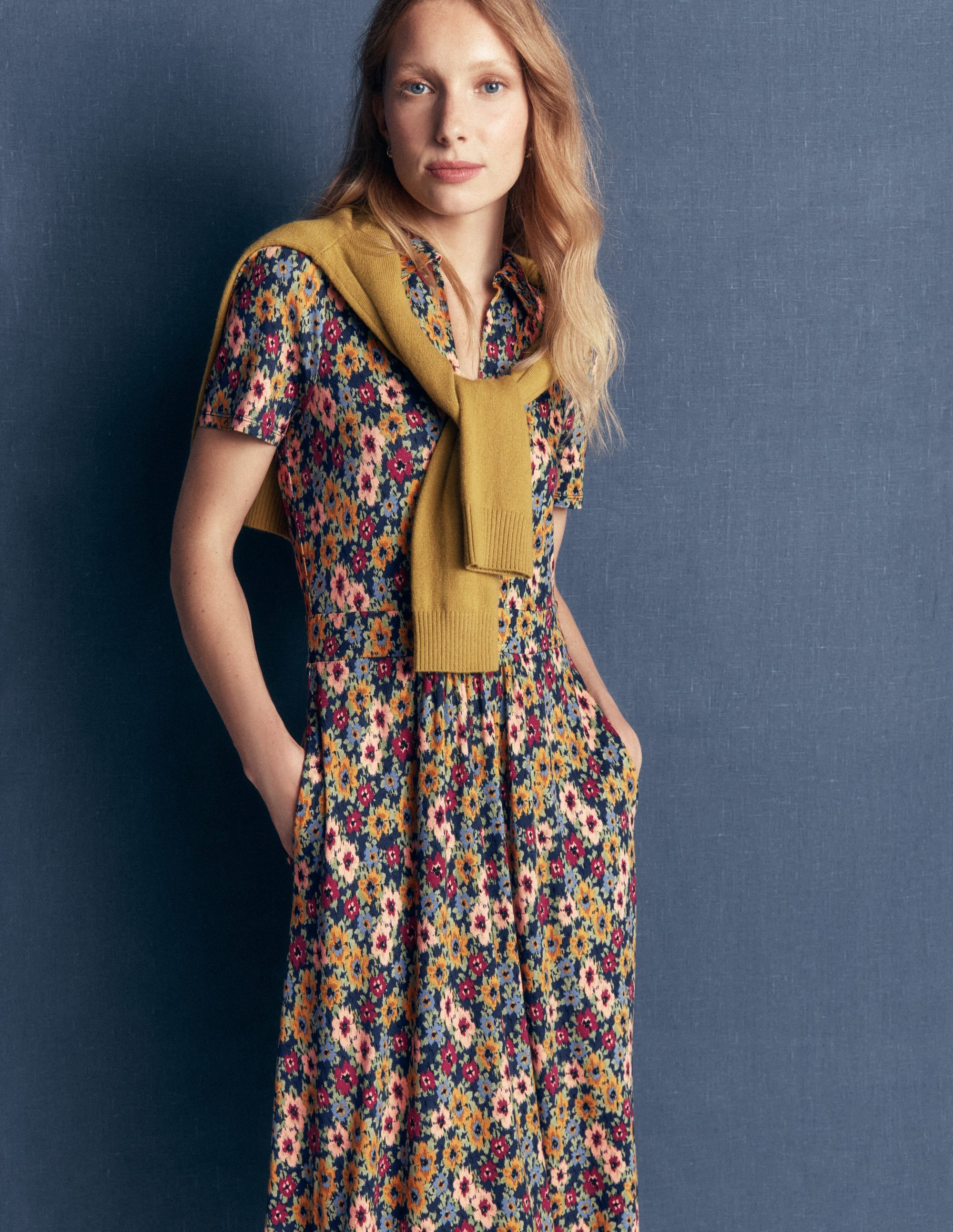 Heidi Jersey Midi Tea Dress-French Navy, Flecked Garden - Image 5