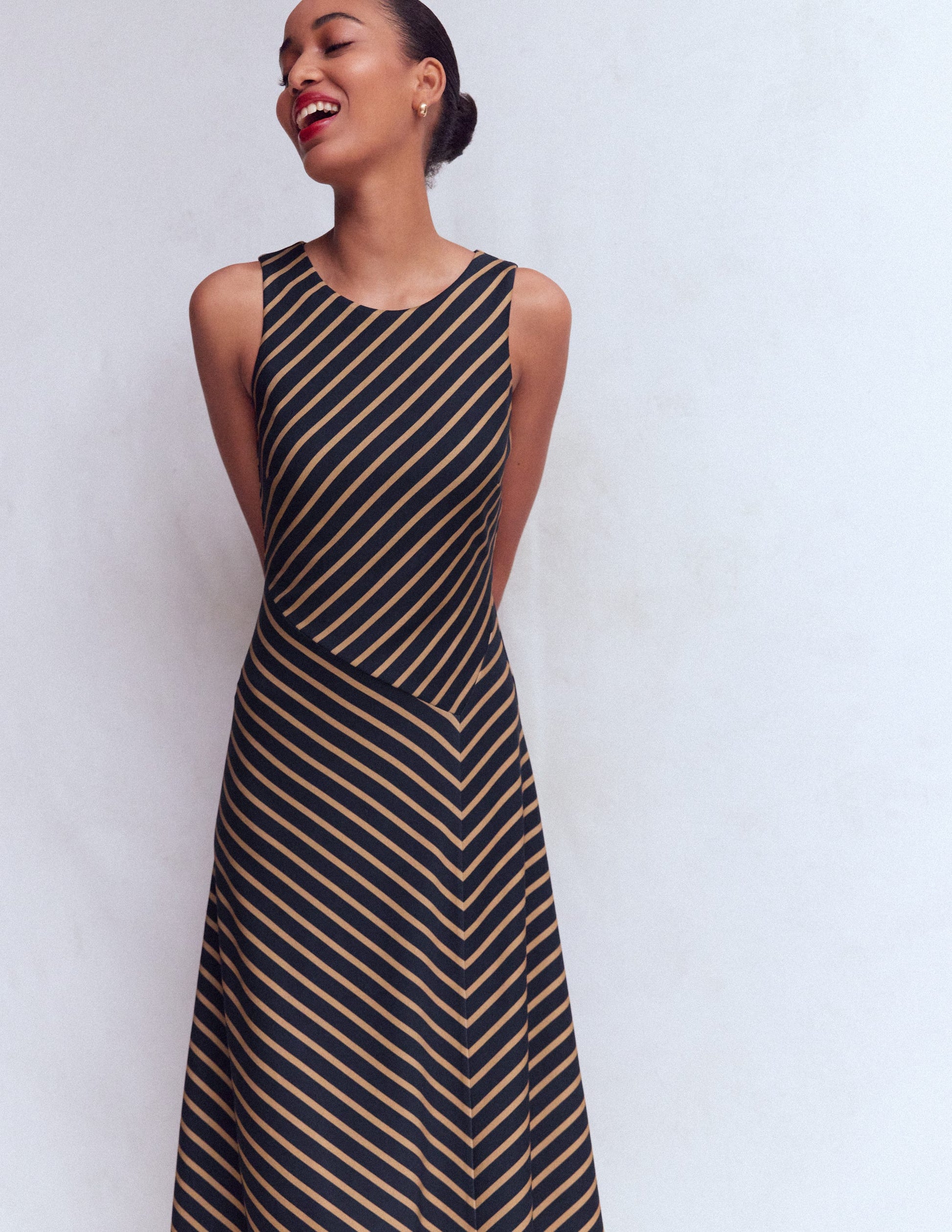 Asymetric Ponte Midi Dress-Navy and Camel Stripe-1