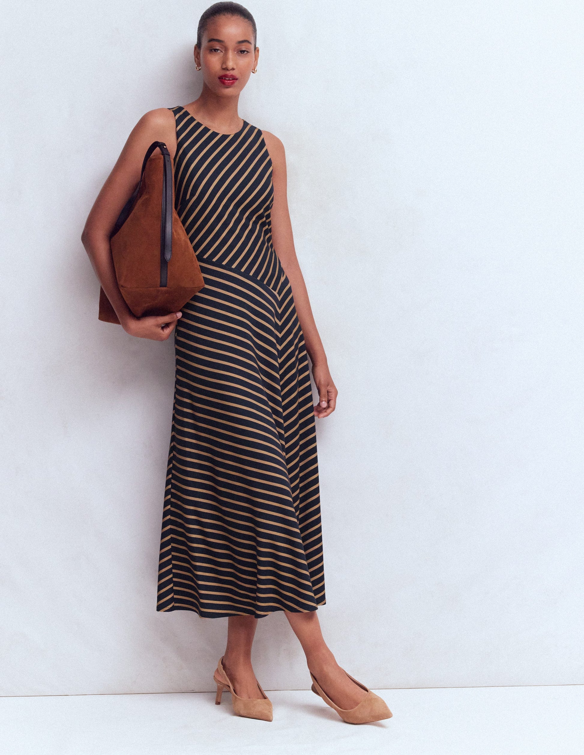 Asymetric Ponte Midi Dress-Navy and Camel Stripe-2