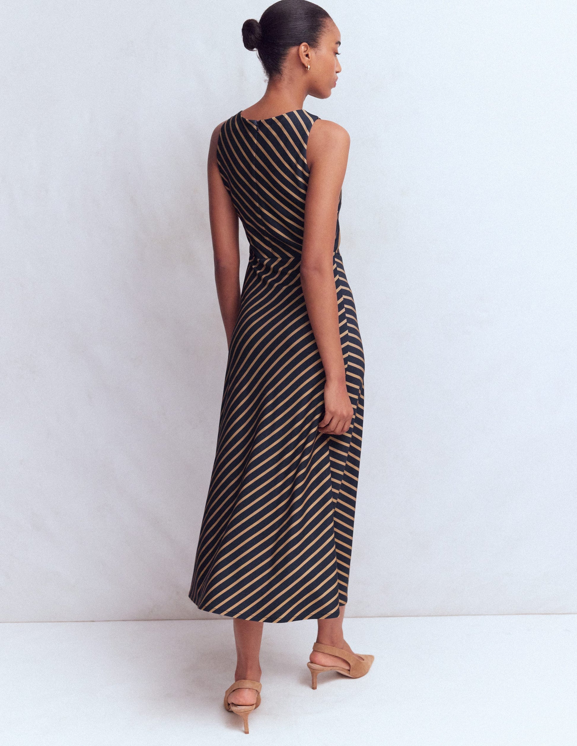 Asymetric Ponte Midi Dress-Navy and Camel Stripe-4