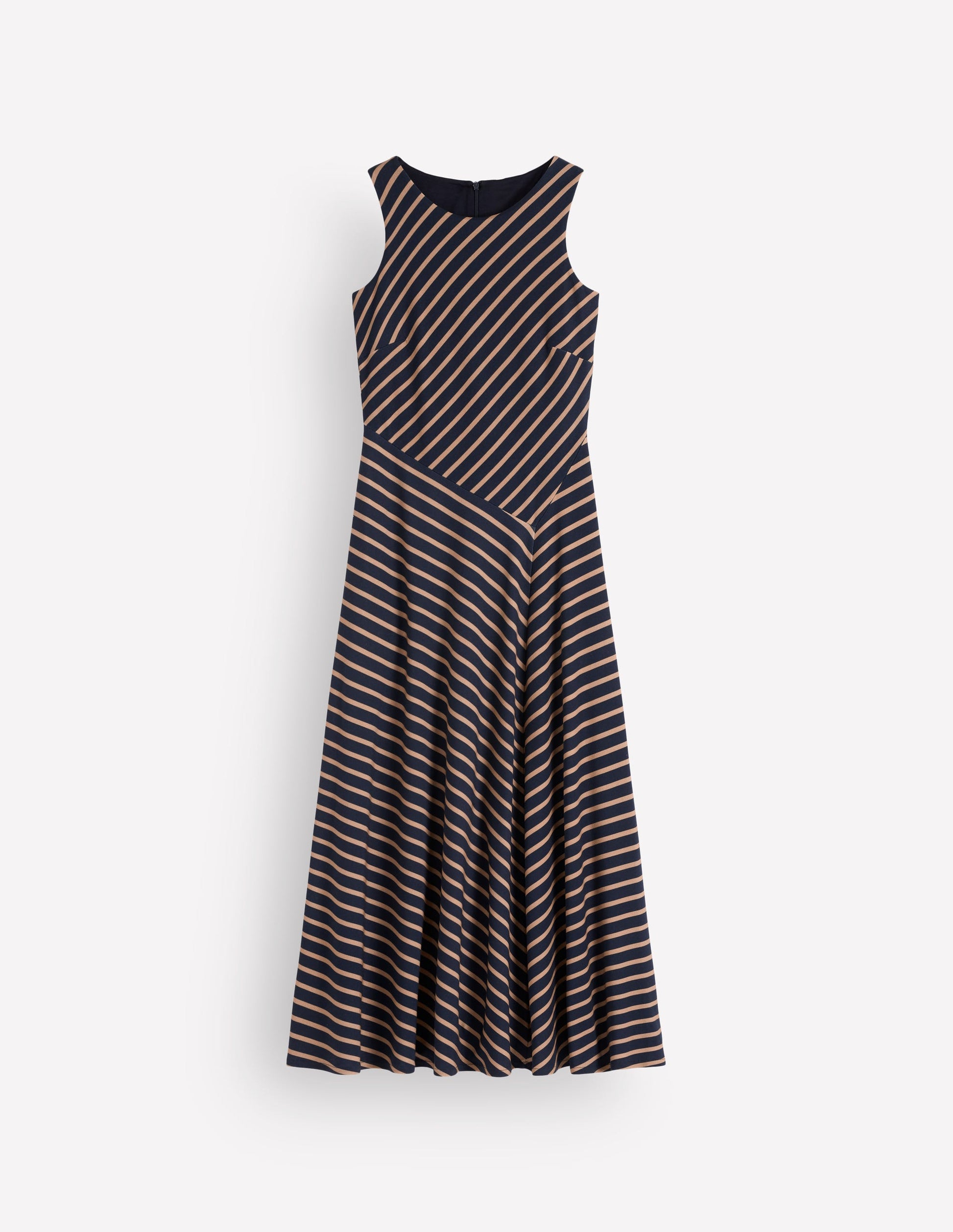 Asymetric Ponte Midi Dress-Navy and Camel Stripe-7