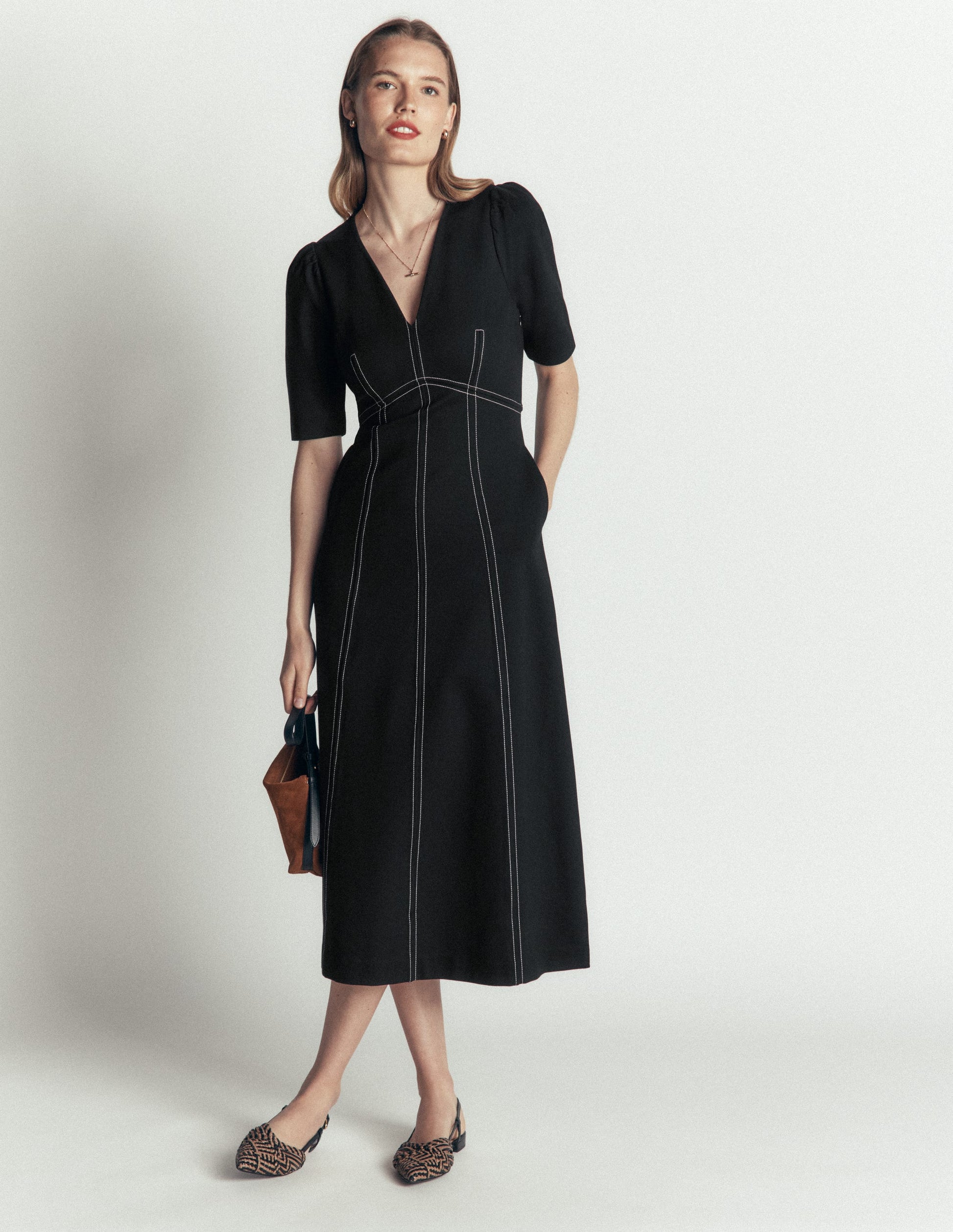 Puff Sleeve Ponte Midi Dress-Black-1