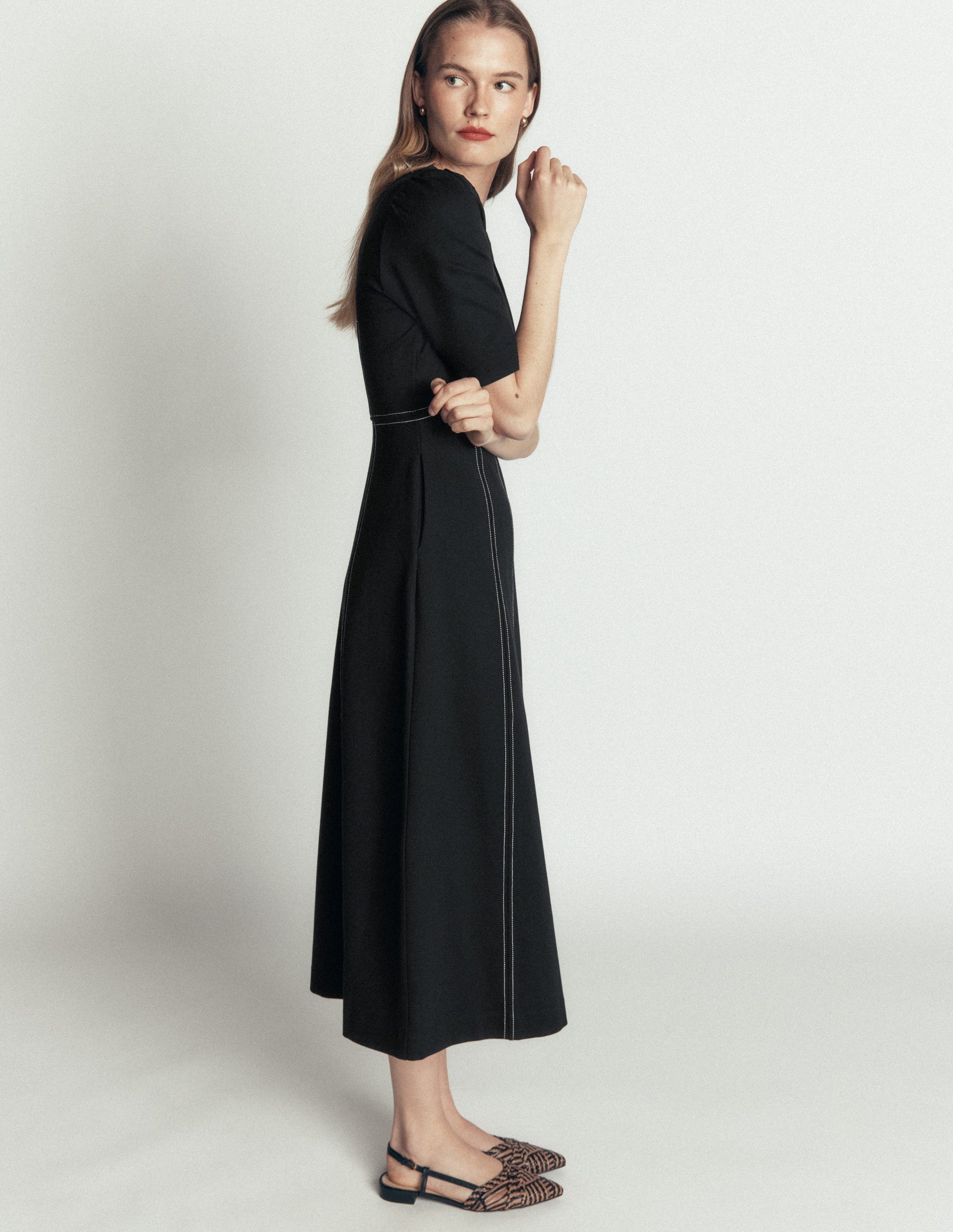 Puff Sleeve Ponte Midi Dress-Black-4