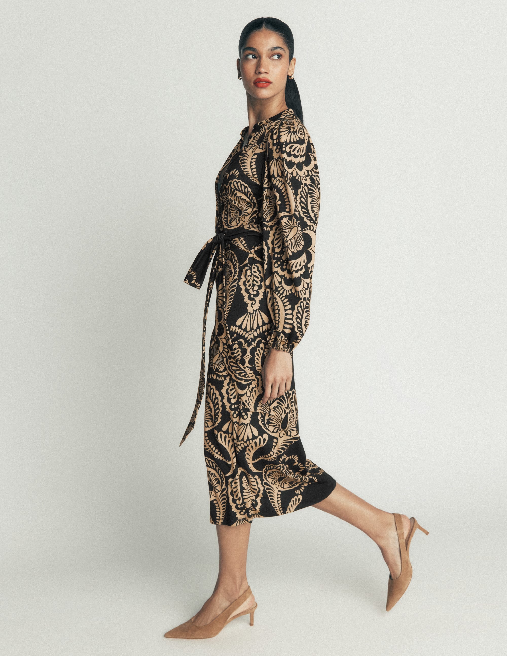 Eli Belted Jersey Midi Dress-Black, Flourishing Medley - Image 7