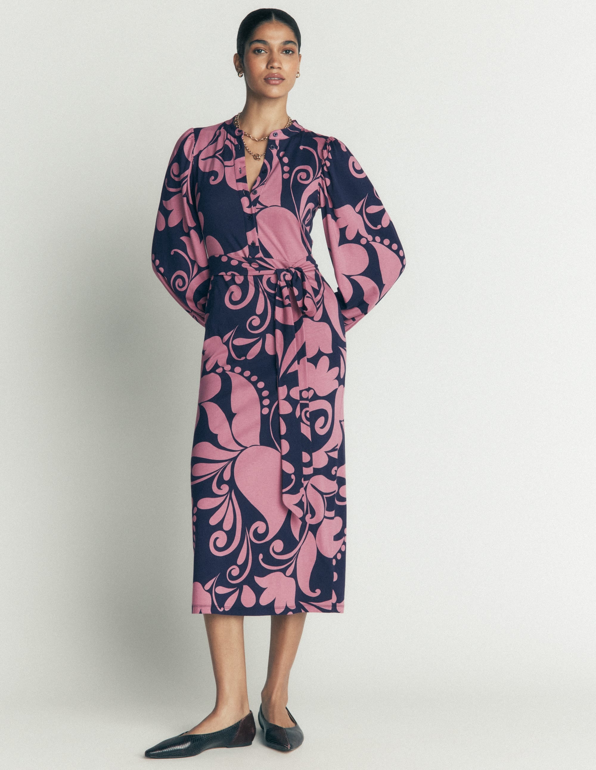 Eli Belted Jersey Midi Dress-Pink Heather, Floral Breeze - Image 5