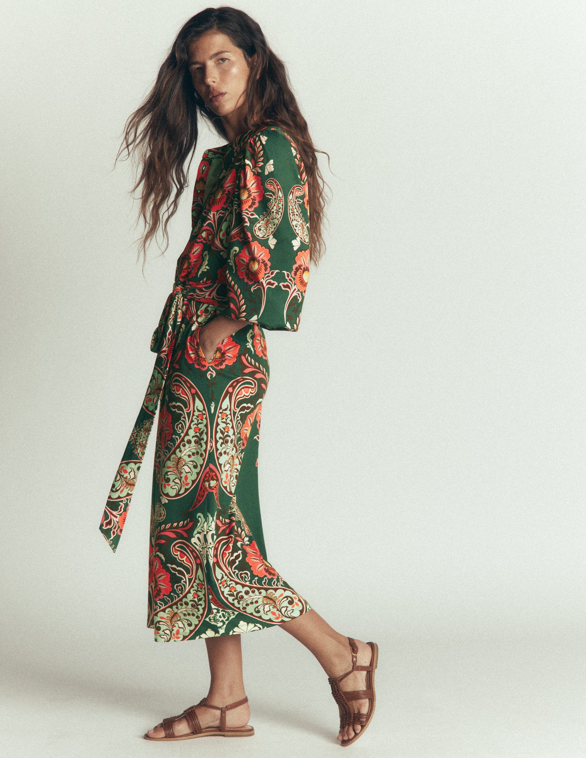 Eli Belted Jersey Midi Dress-Hunter Green, Bohemia Dream-1