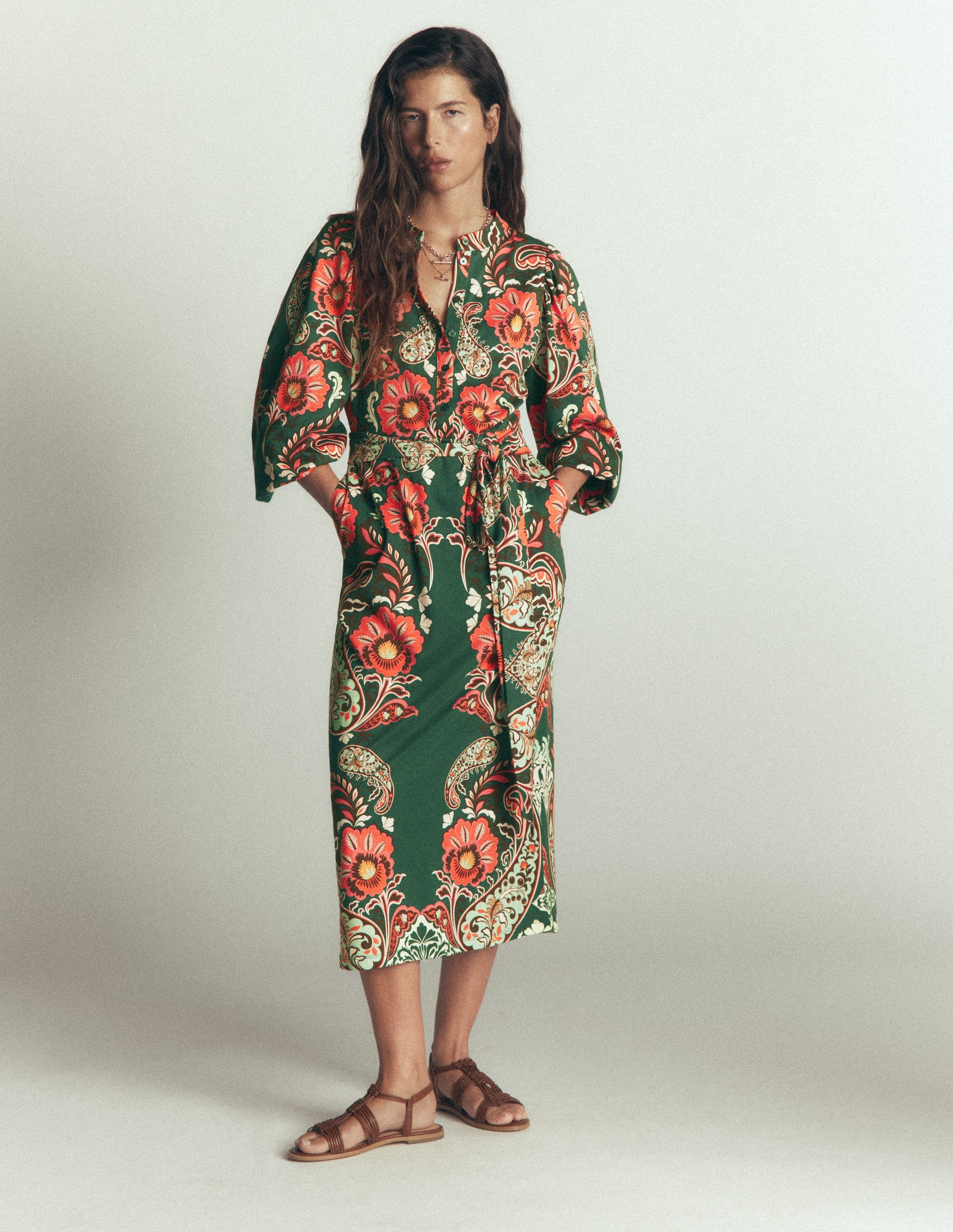 Eli Belted Jersey Midi Dress-Hunter Green, Bohemia Dream-6
