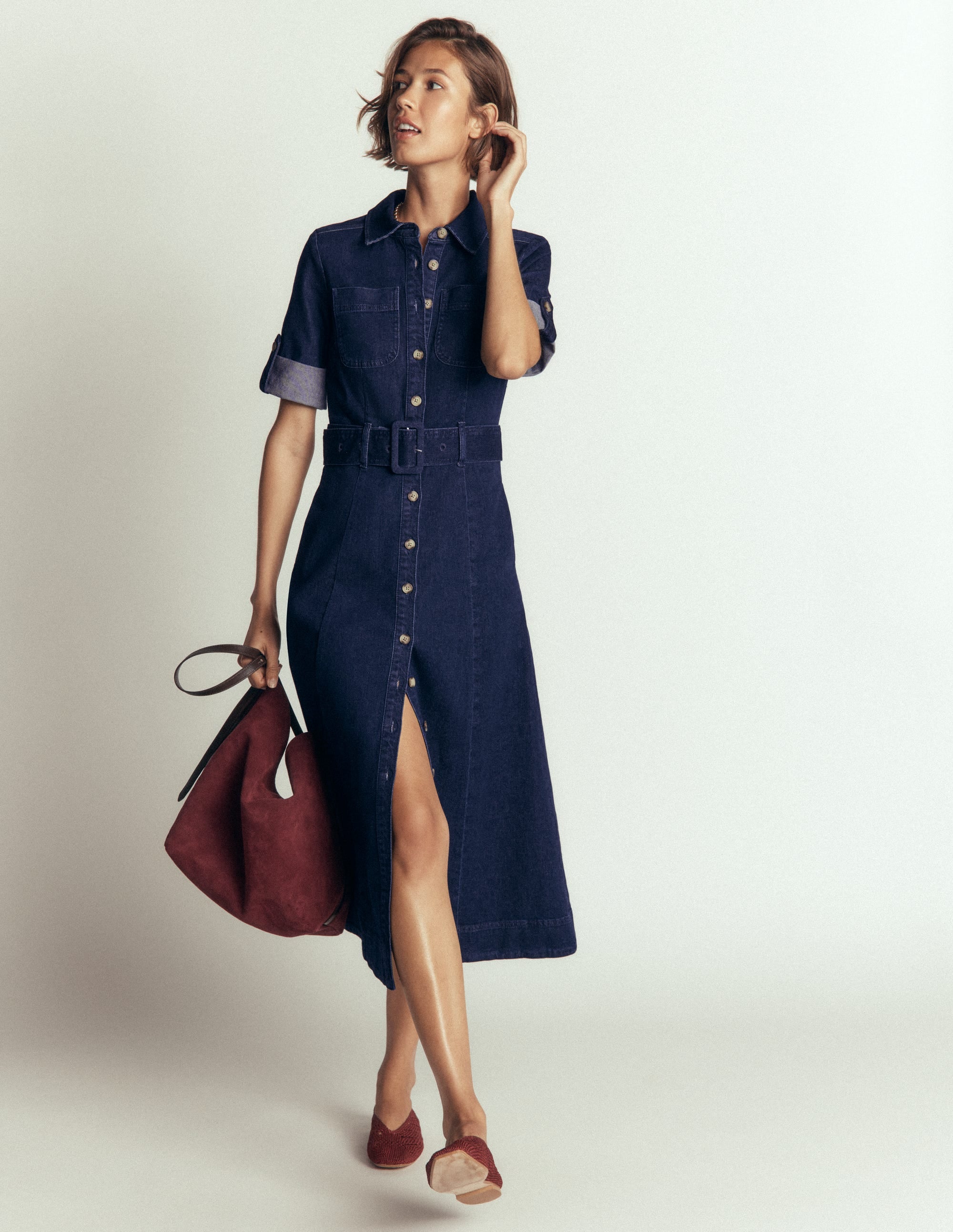 Denim Midi Shirt Dress-Indigo - Image 1