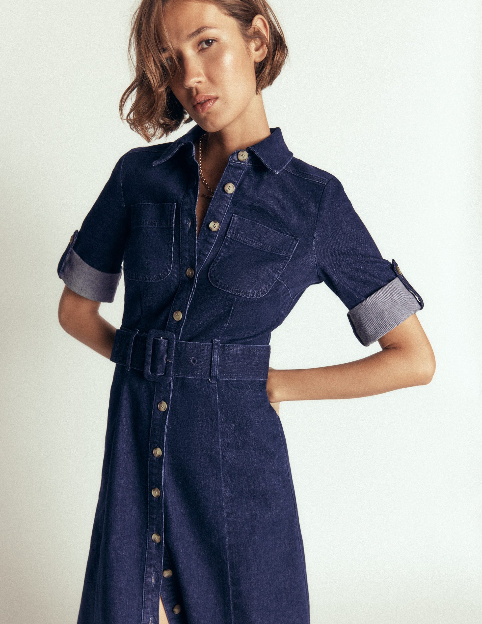 Denim Midi Shirt Dress-Indigo-2