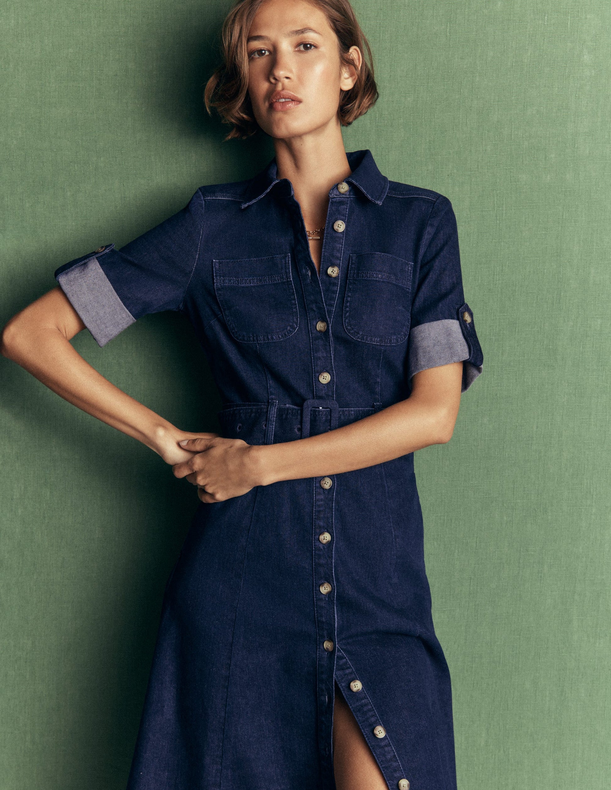Denim Midi Shirt Dress-Indigo-4