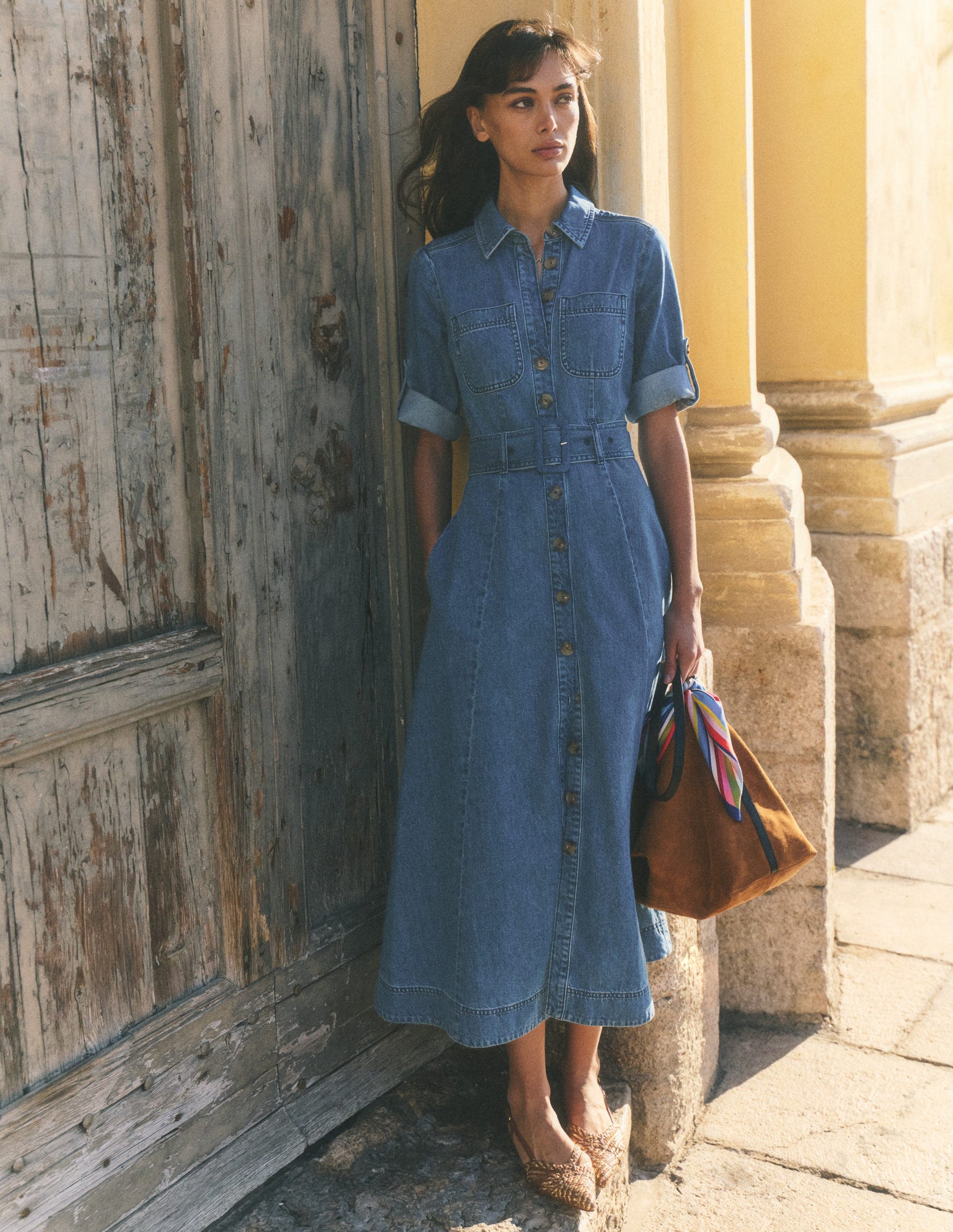 Denim Midi Shirt Dress-Light Vintage-4