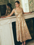Scoop Neck Fit and Flare Dress-Gold Jacquard