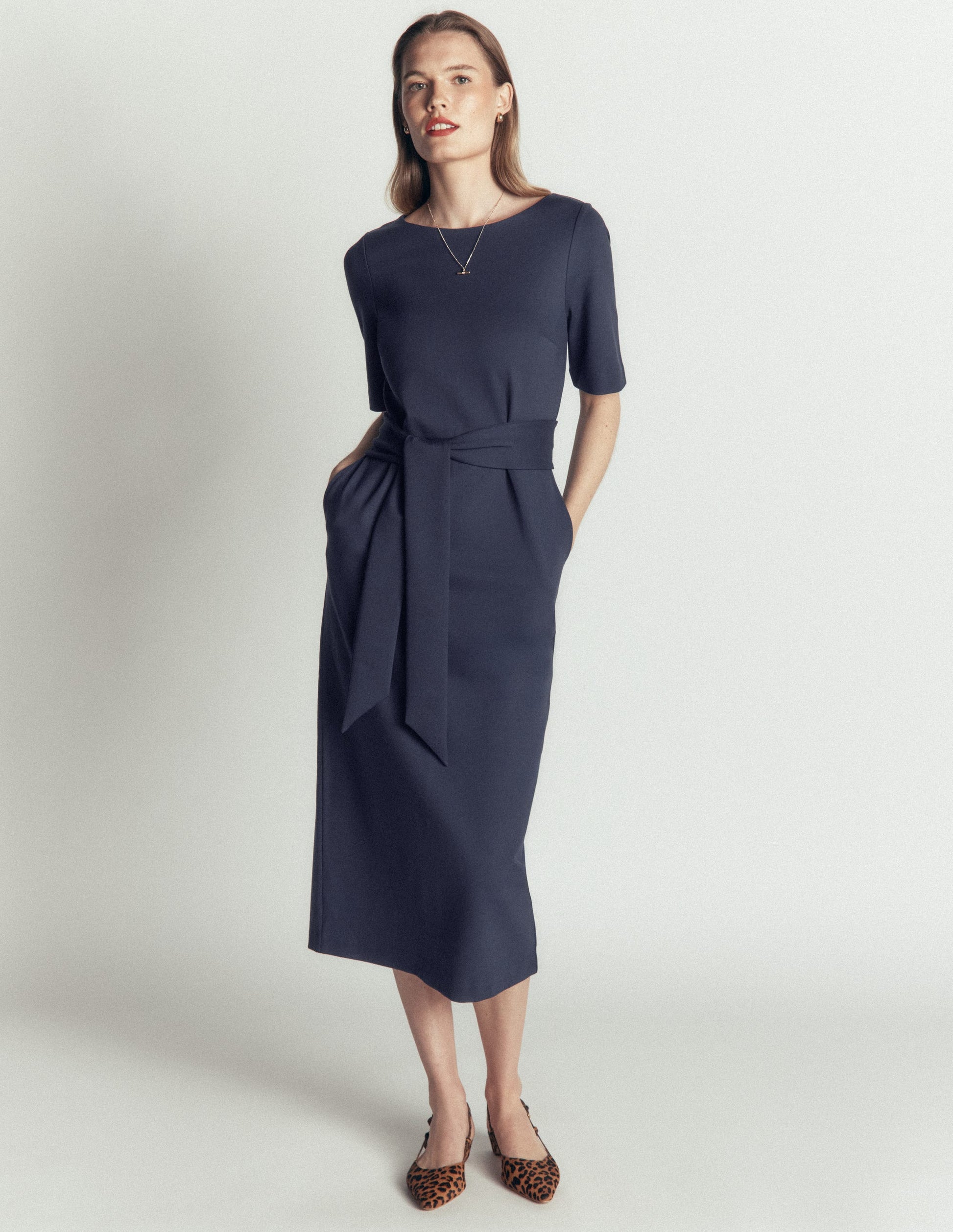 Belted Ponte Midi Dress-Navy-4