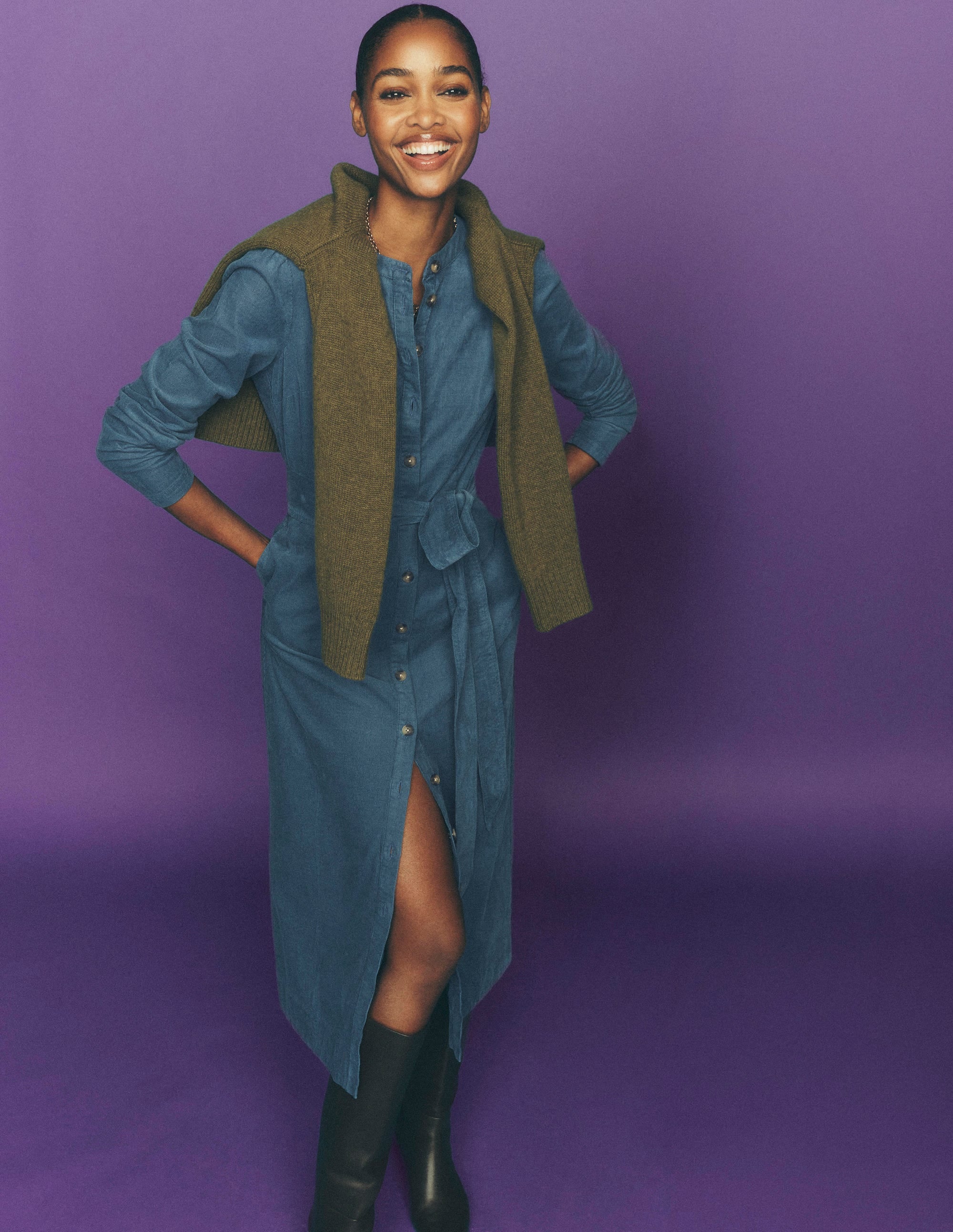 Louise Cord Midi Shirt Dress-Storm Blue - Image 1