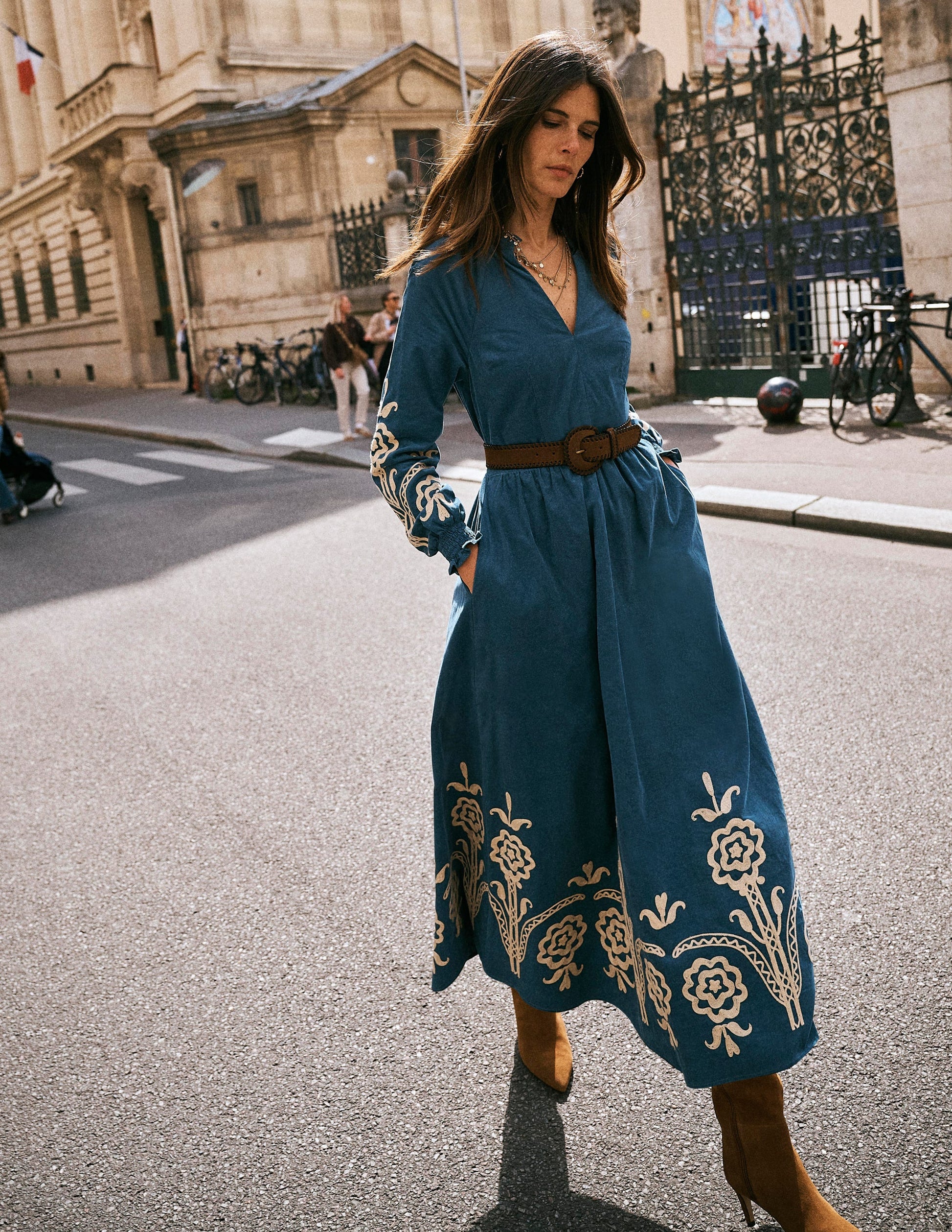 Smocked Cord Midi Dress-Storm Blue, Embroidery-1