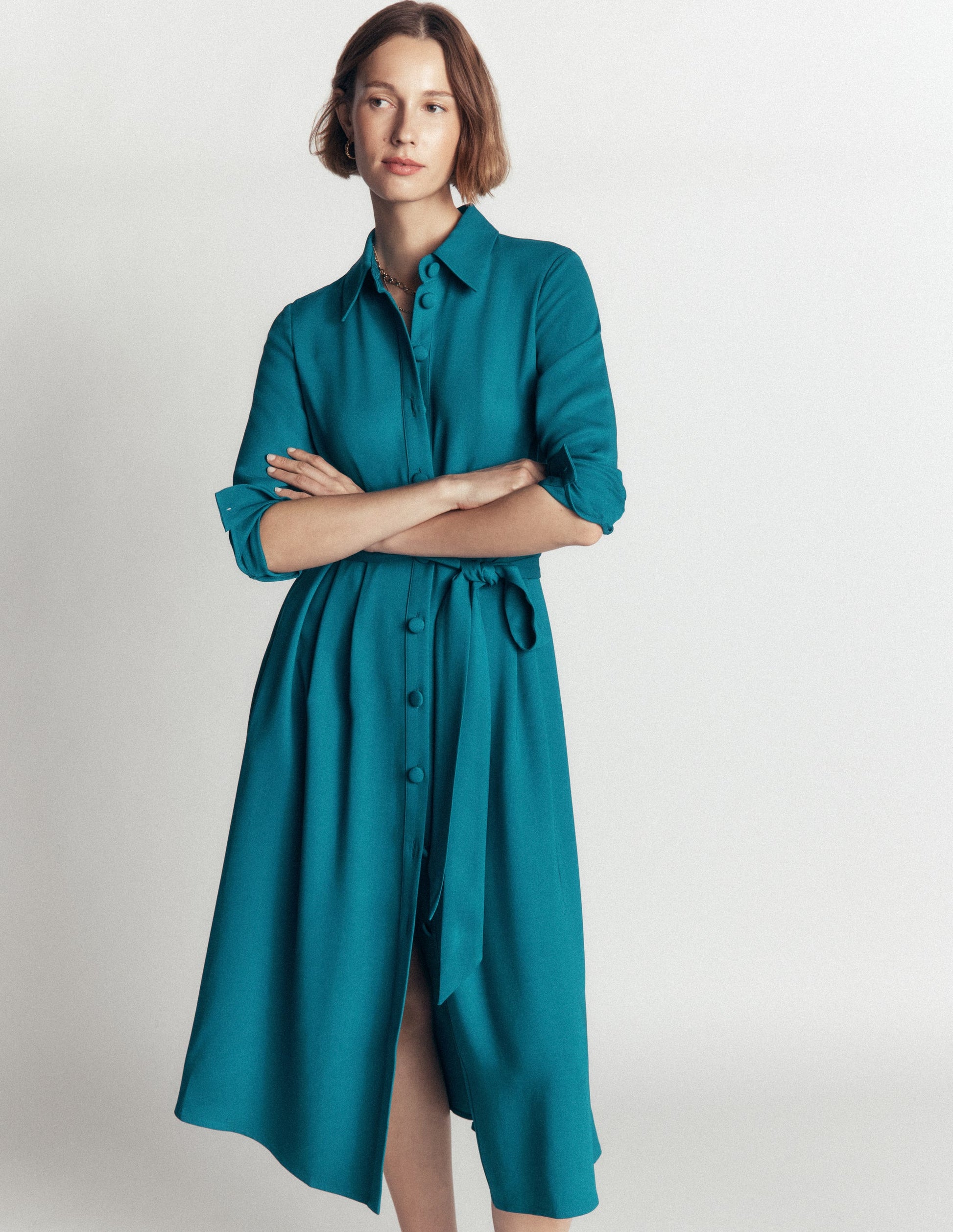 Kate Pleated Shirt Dress-Deep Sea Green-4