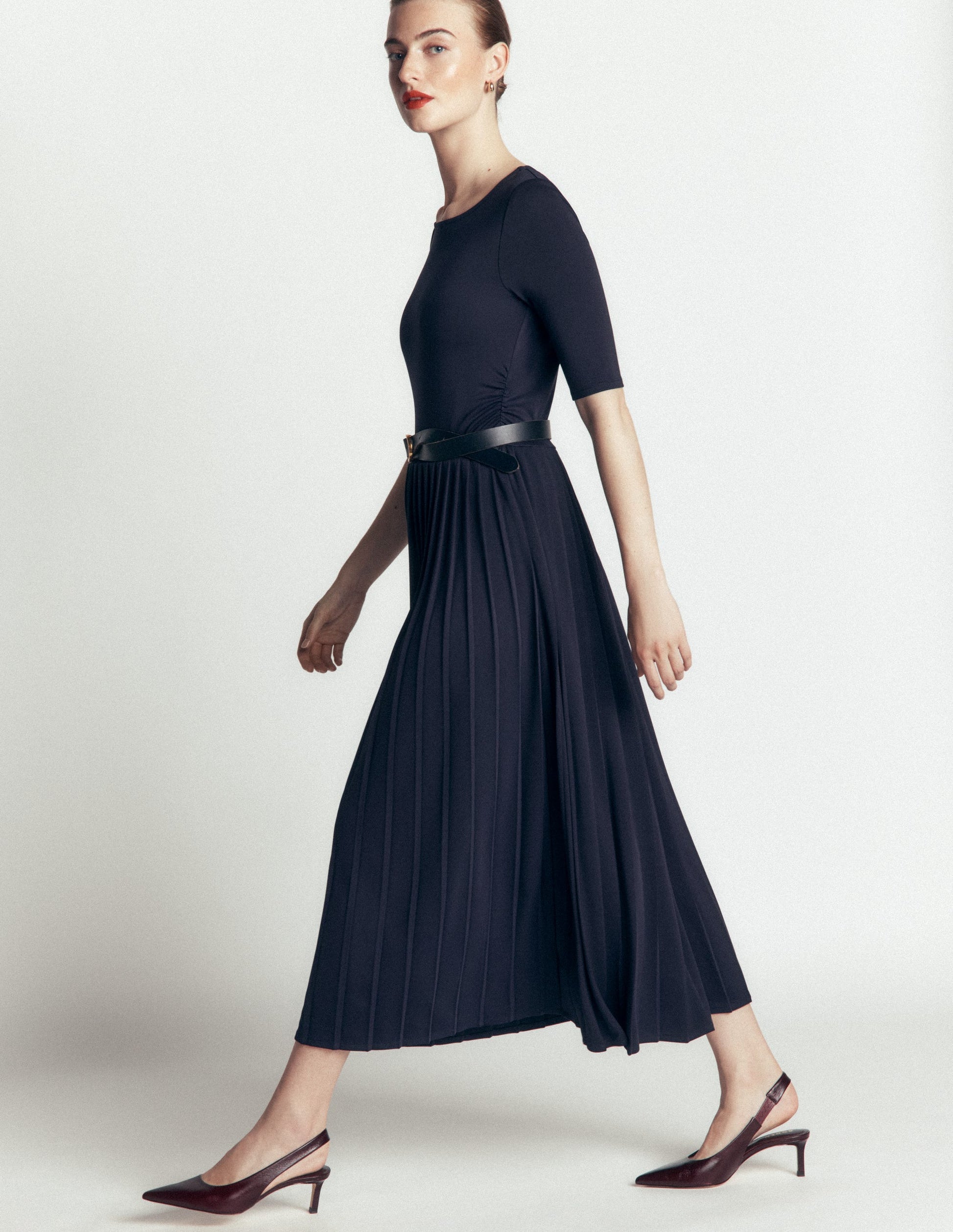 Pleated Jersey Midi Dress-Navy-6