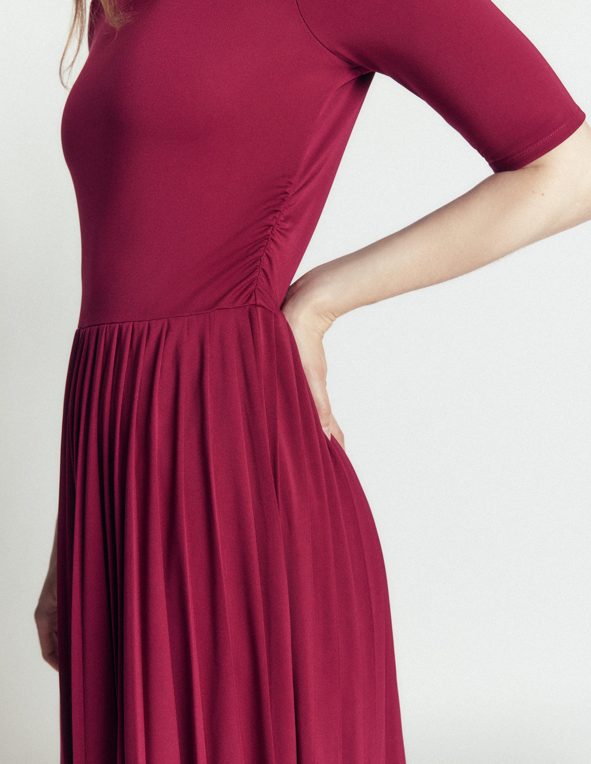 Pleated Jersey Midi Dress-Beetroot Red-2