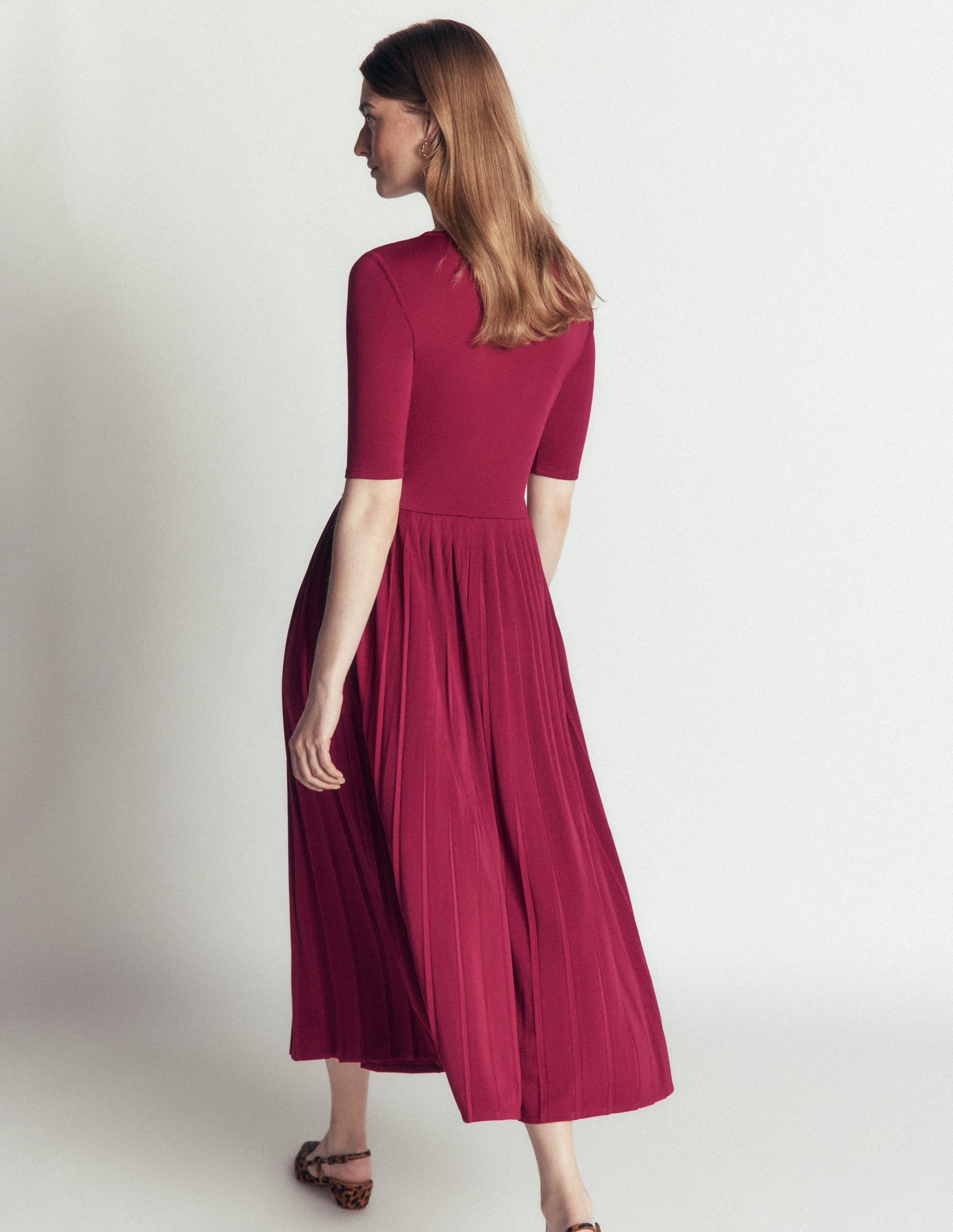 Pleated Jersey Midi Dress-Beetroot Red - Image 3