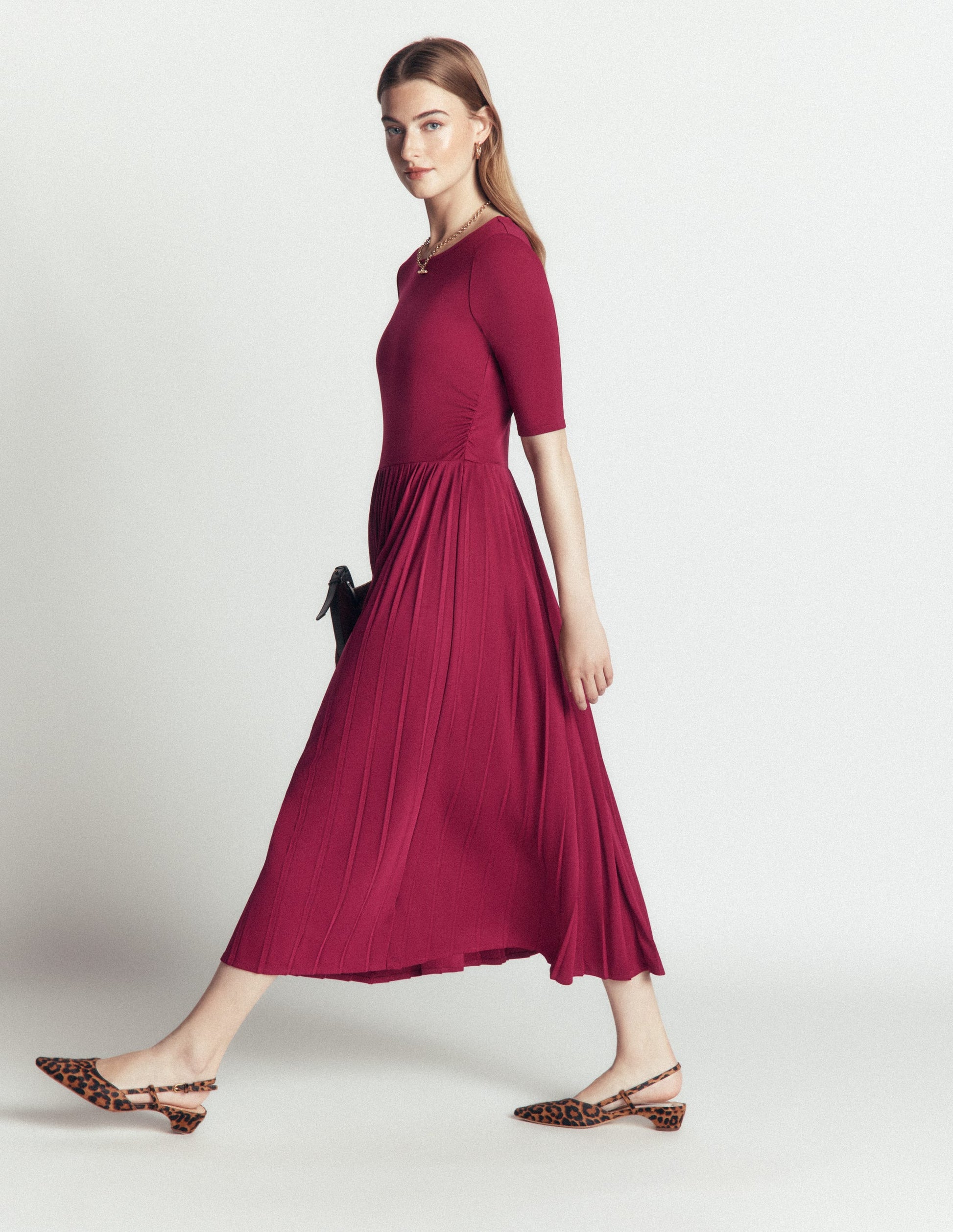 Pleated Jersey Midi Dress-Beetroot Red-4