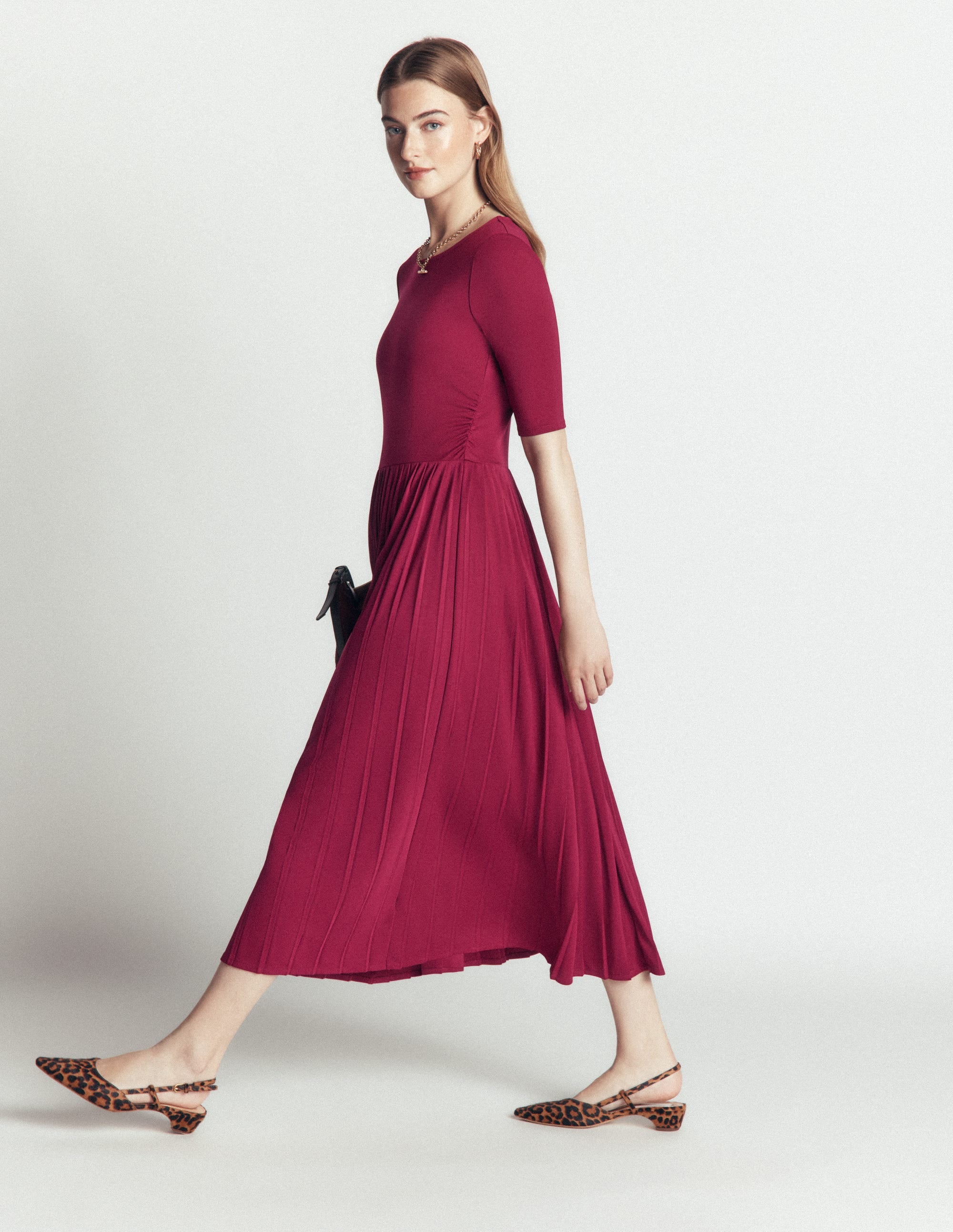 Pleated Jersey Midi Dress-Beetroot Red - Image 4