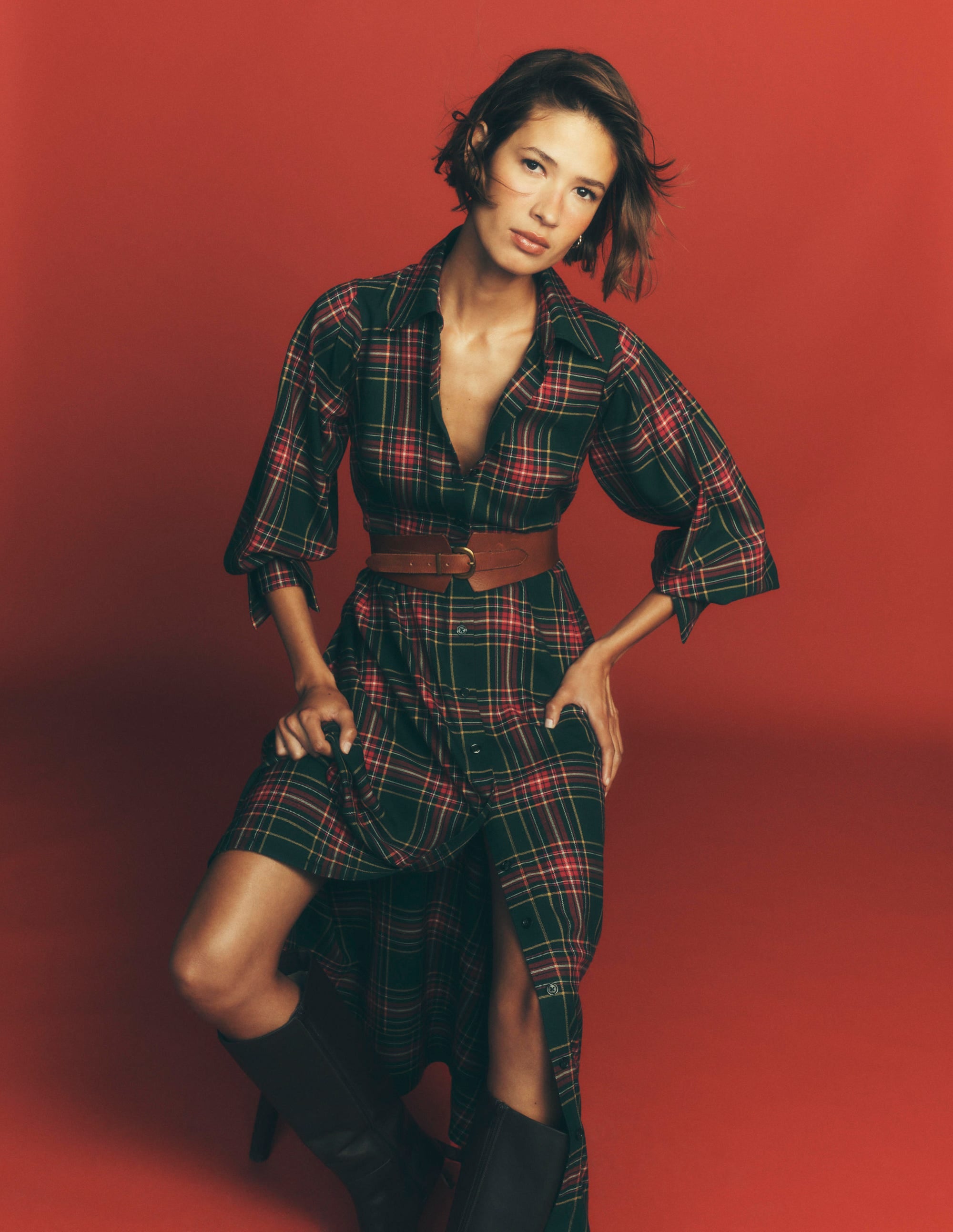 Maeve Check Midi Shirt Dress-Green, Navy and Red Check - Image 1
