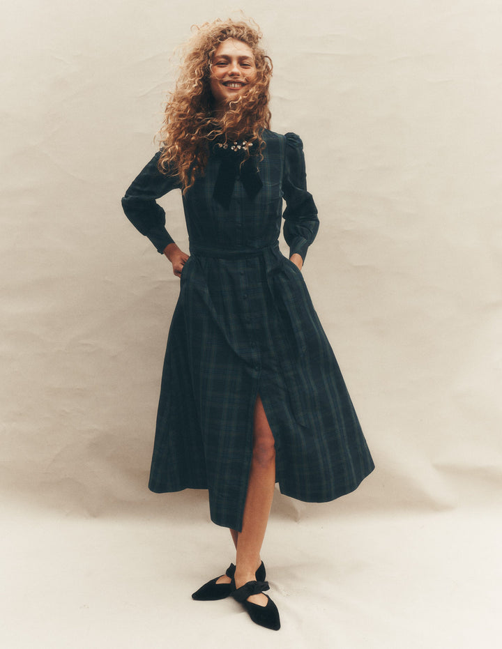 Maeve Occasion Shirt Dress-Navy, Green and Blue Check