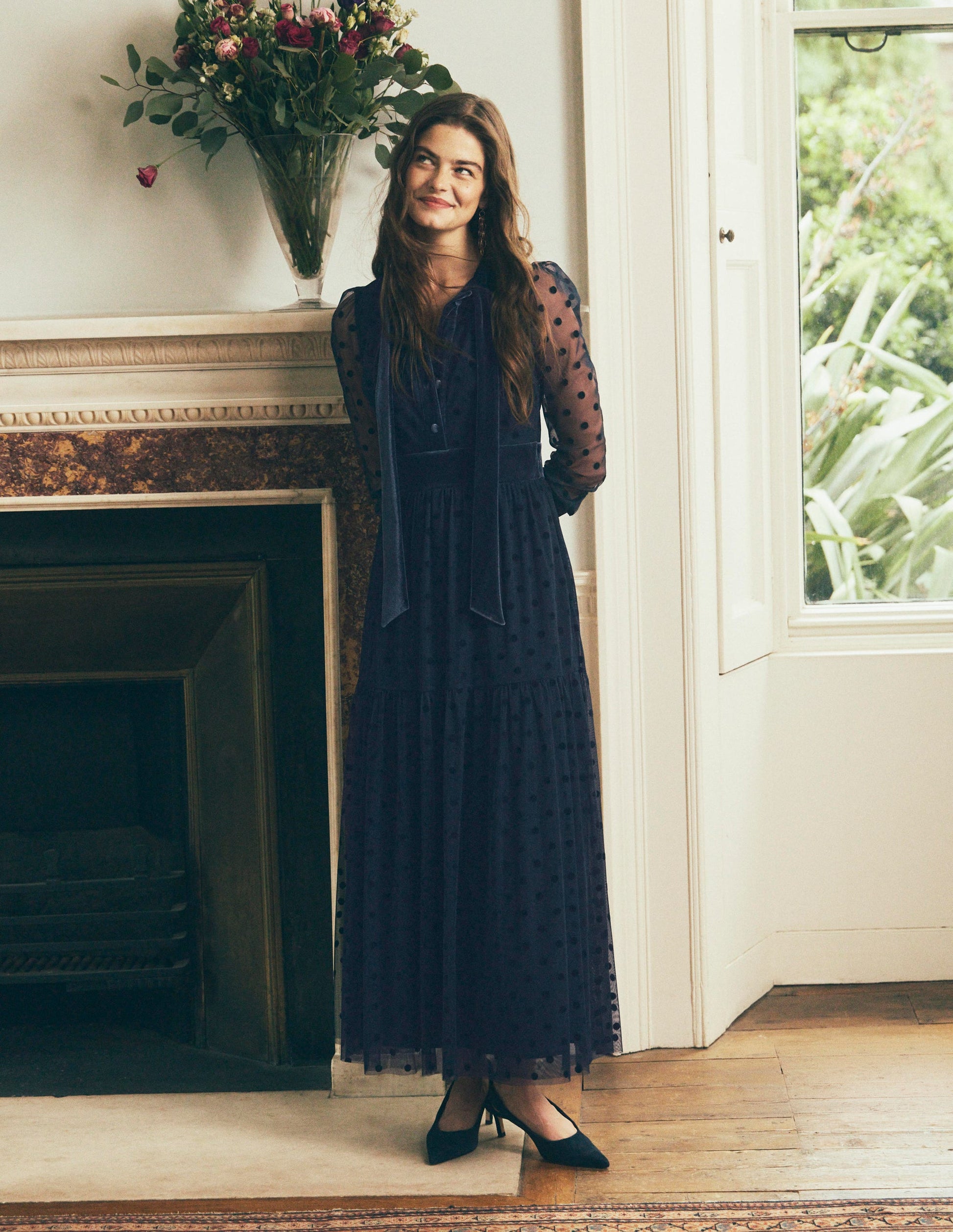 Tie Neck Tiered Tulle Dress-Navy-1
