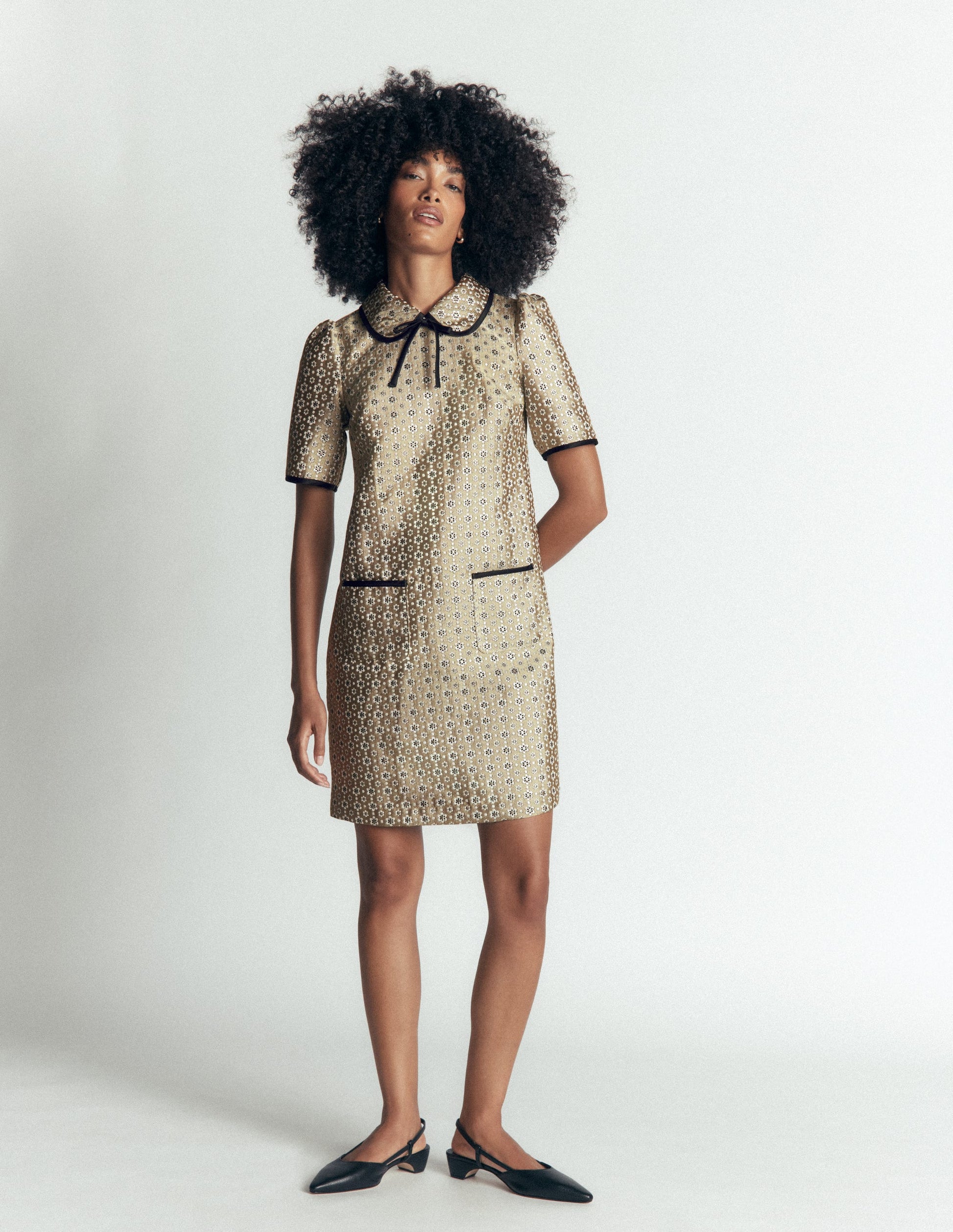 Bow Detail Pocket Shift Dress - Gold Jacquard