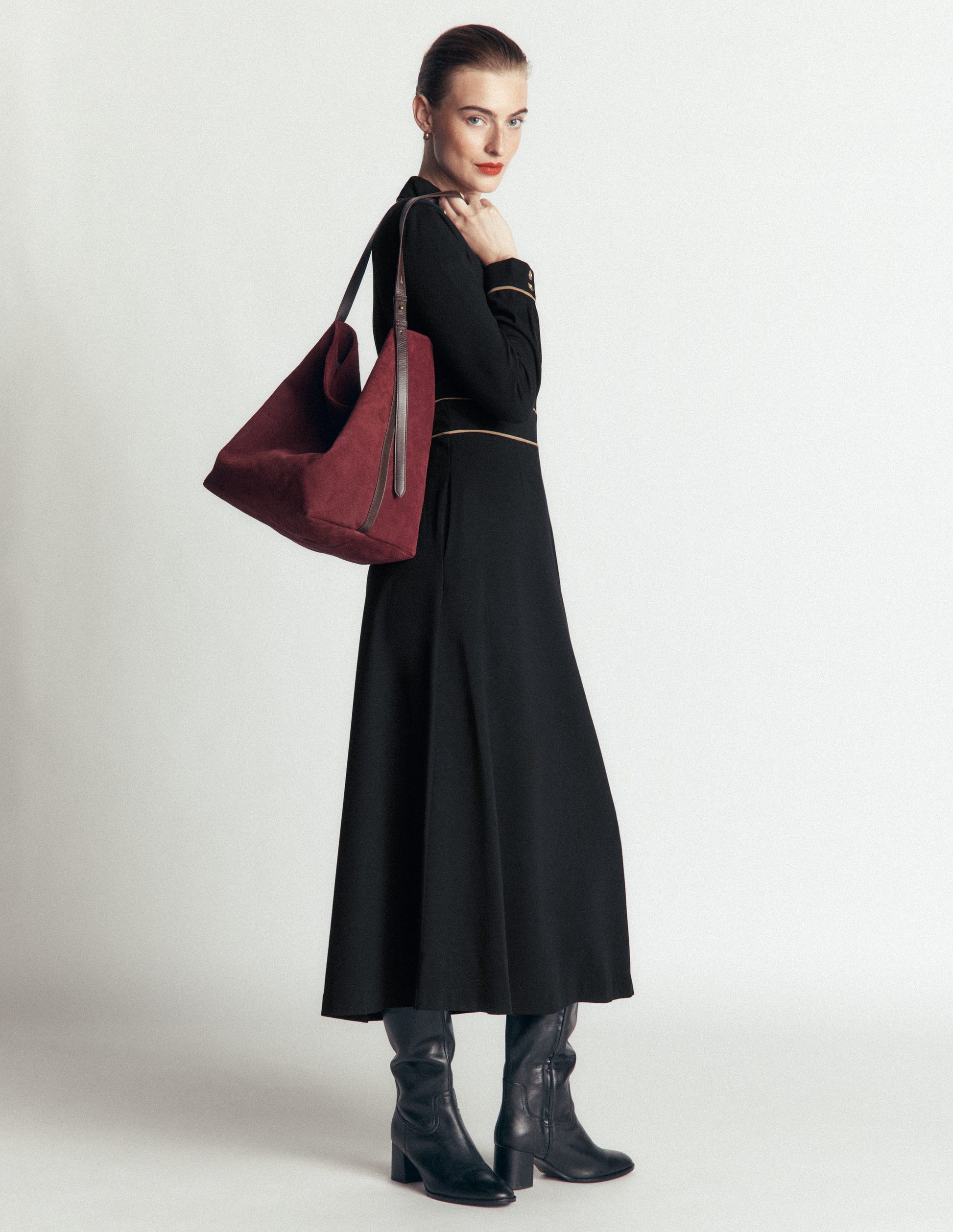 Etta Piping Detail Ponte Dress-Black, Camel-1