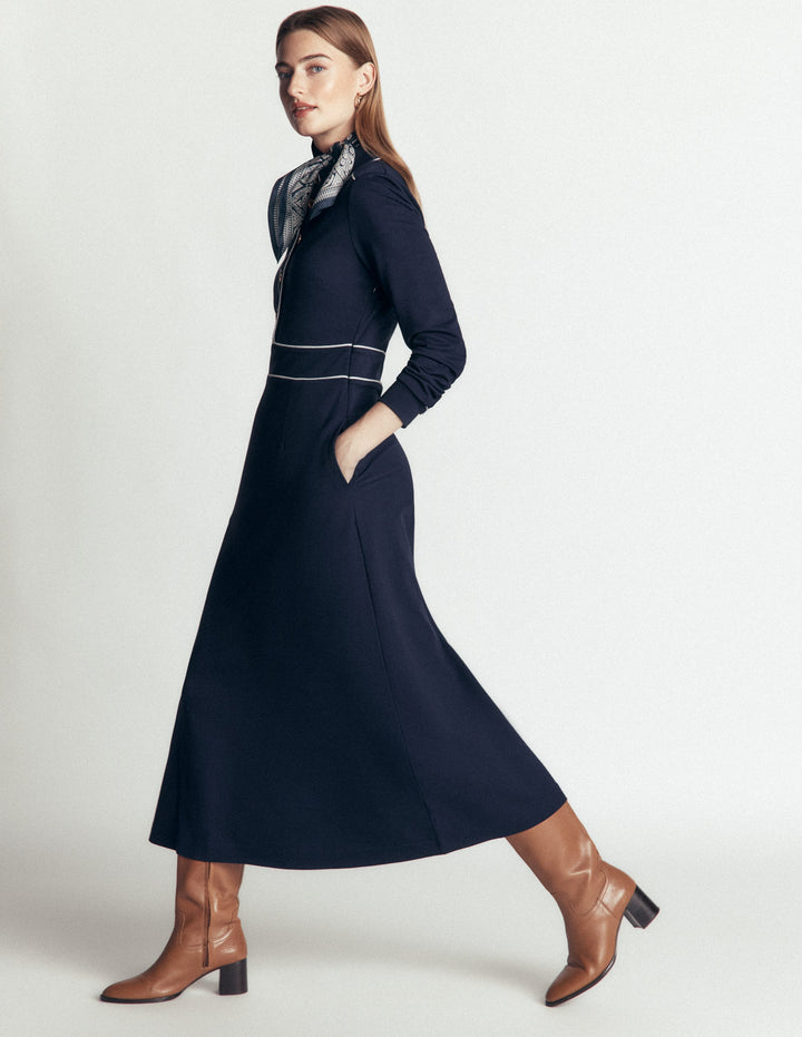 Etta Piping Detail Ponte Dress-Navy, Ivory