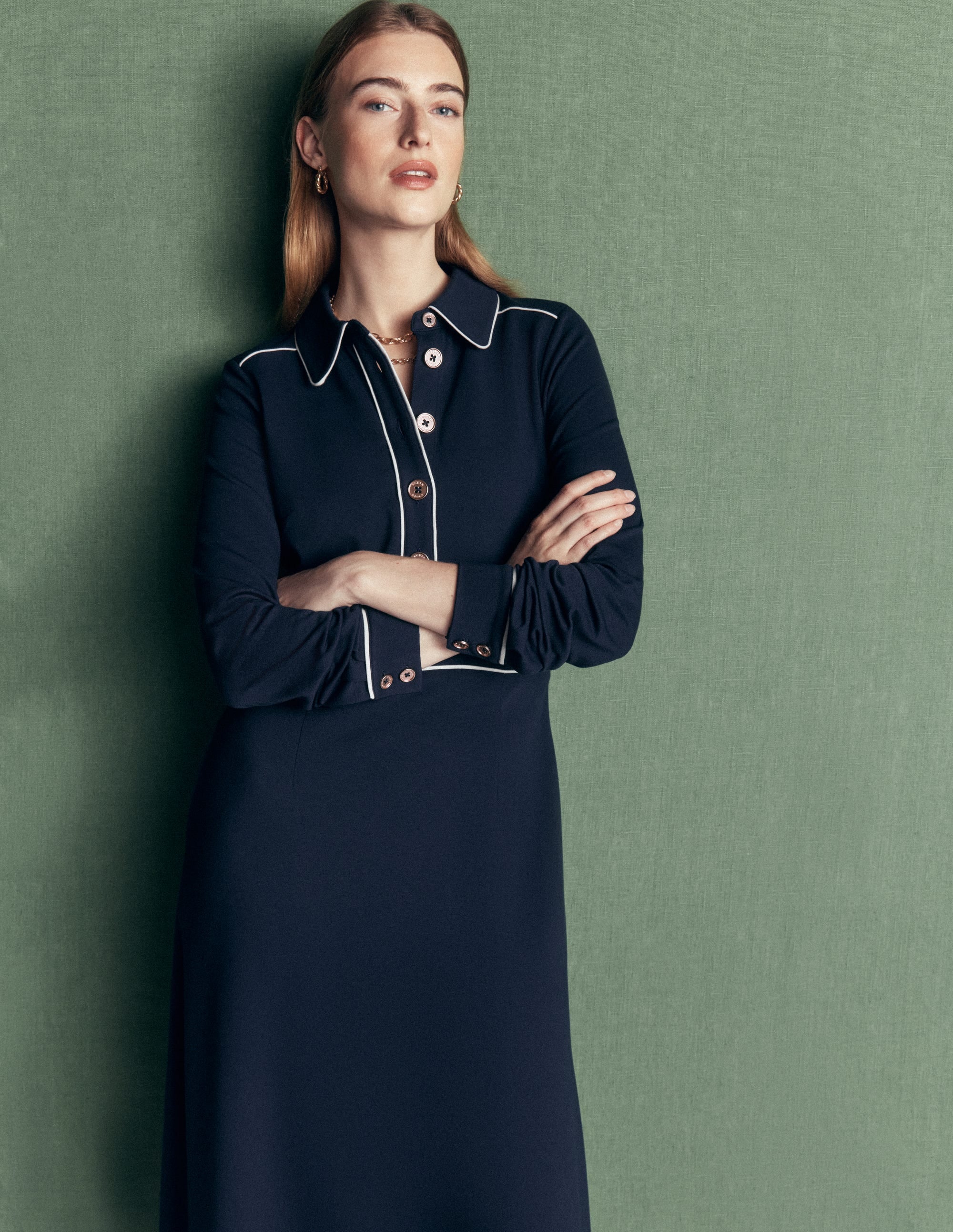 Etta Piping Detail Ponte Dress-Navy, Ivory - Image 3