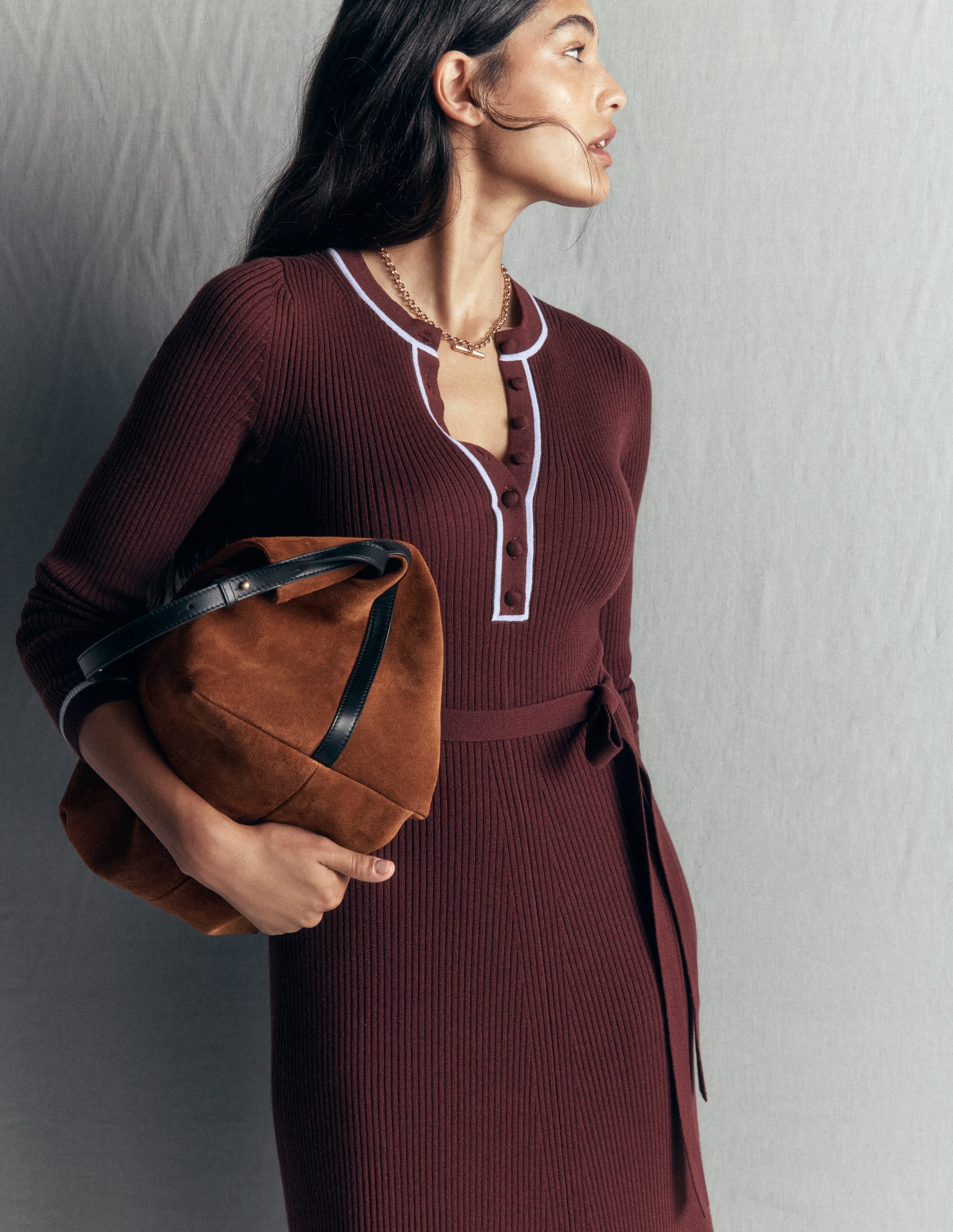 Paula Ribbed Crew Dress-Raw Umber, Faded Denim - Image 6