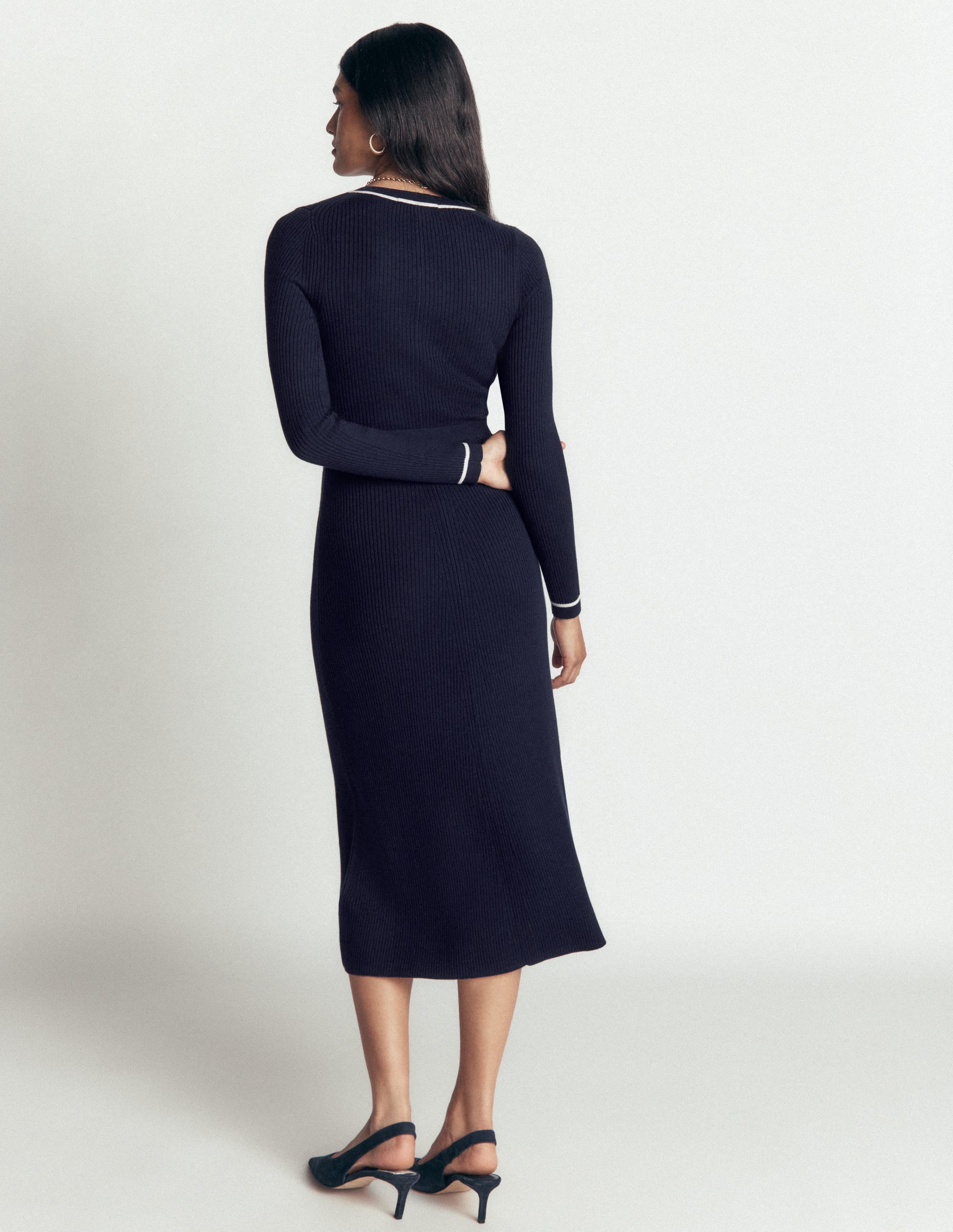 Paula Ribbed Crew Dress-Navy, Warm Ivory - Image 3